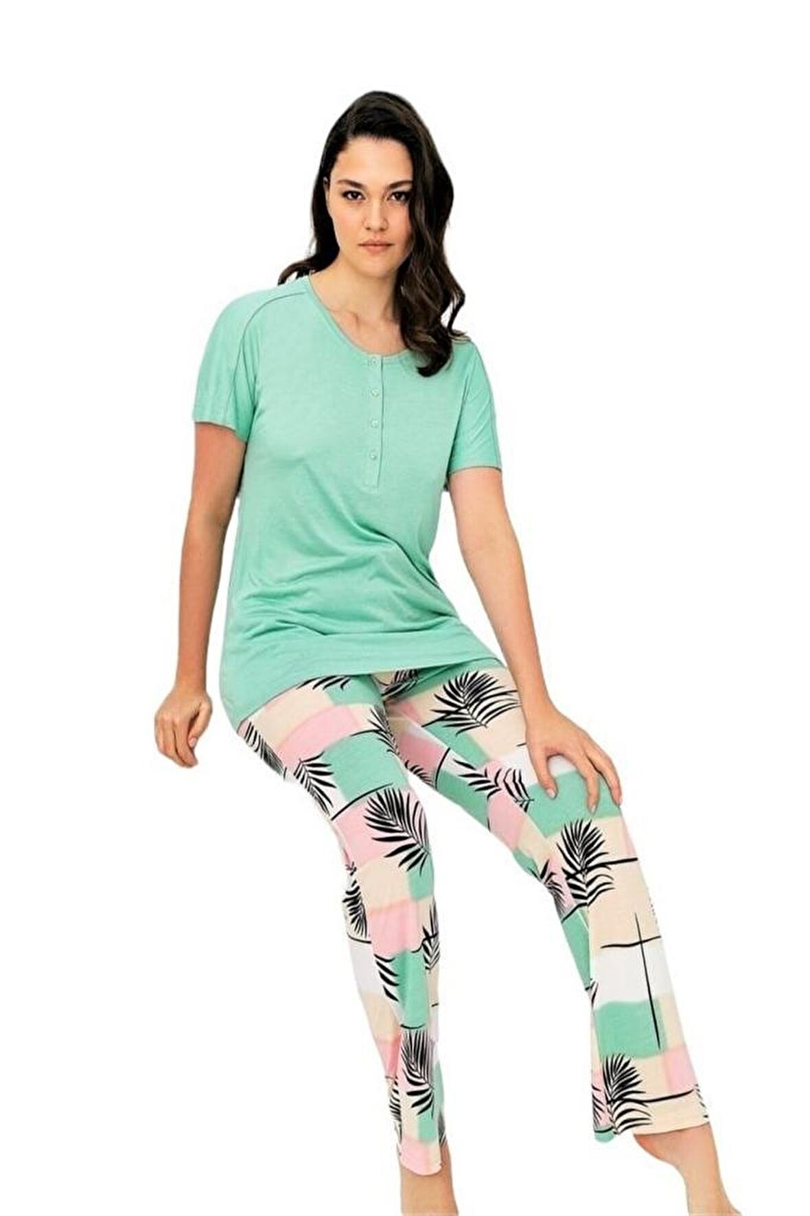 Bludream Düğmeli Viskon Büyük Beden Kadın Pijama Takım