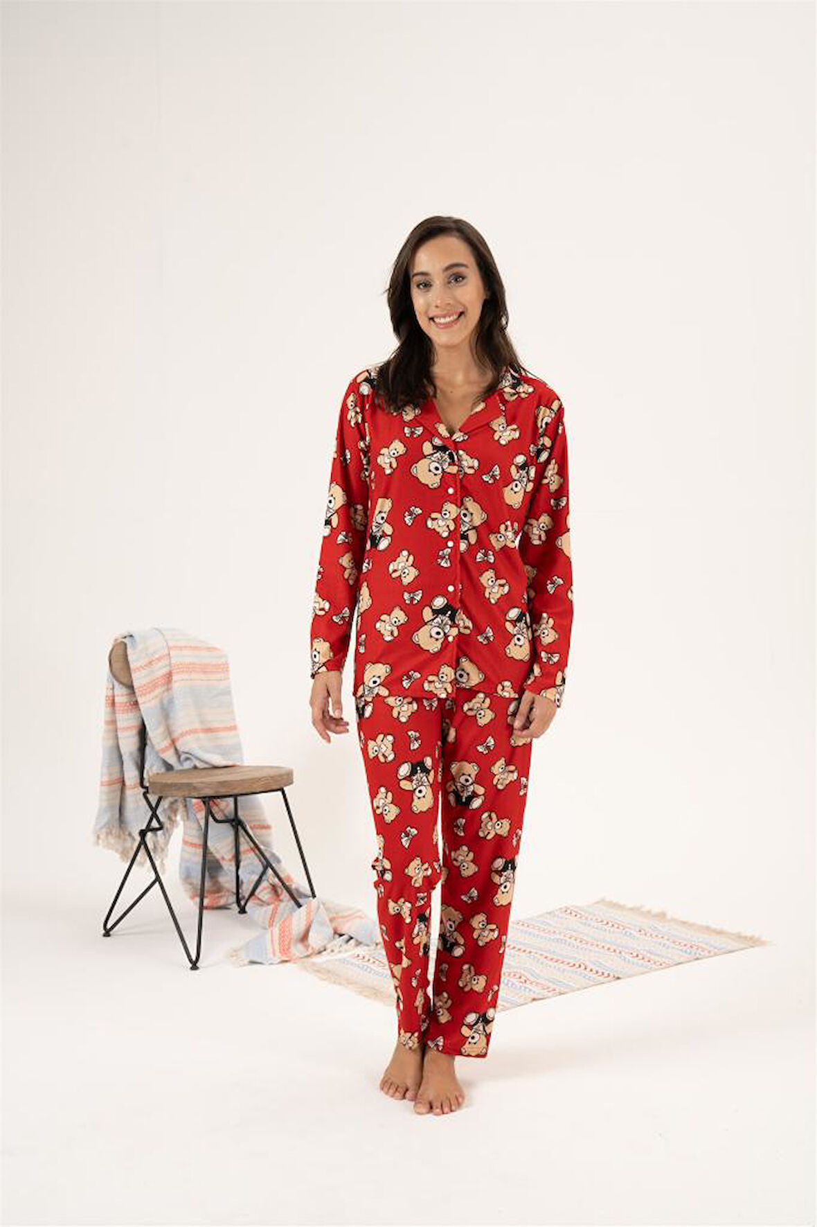 Estiva Desenli Önden Düğmeli Süet Bayan Pijama Takım
