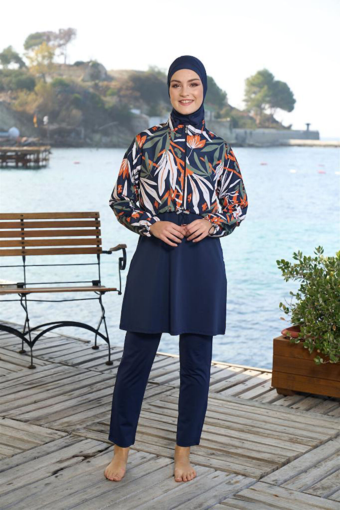 Estiva Dijital Baskı Croplu Dokuma Tam Kapalı Tesettür Mayo