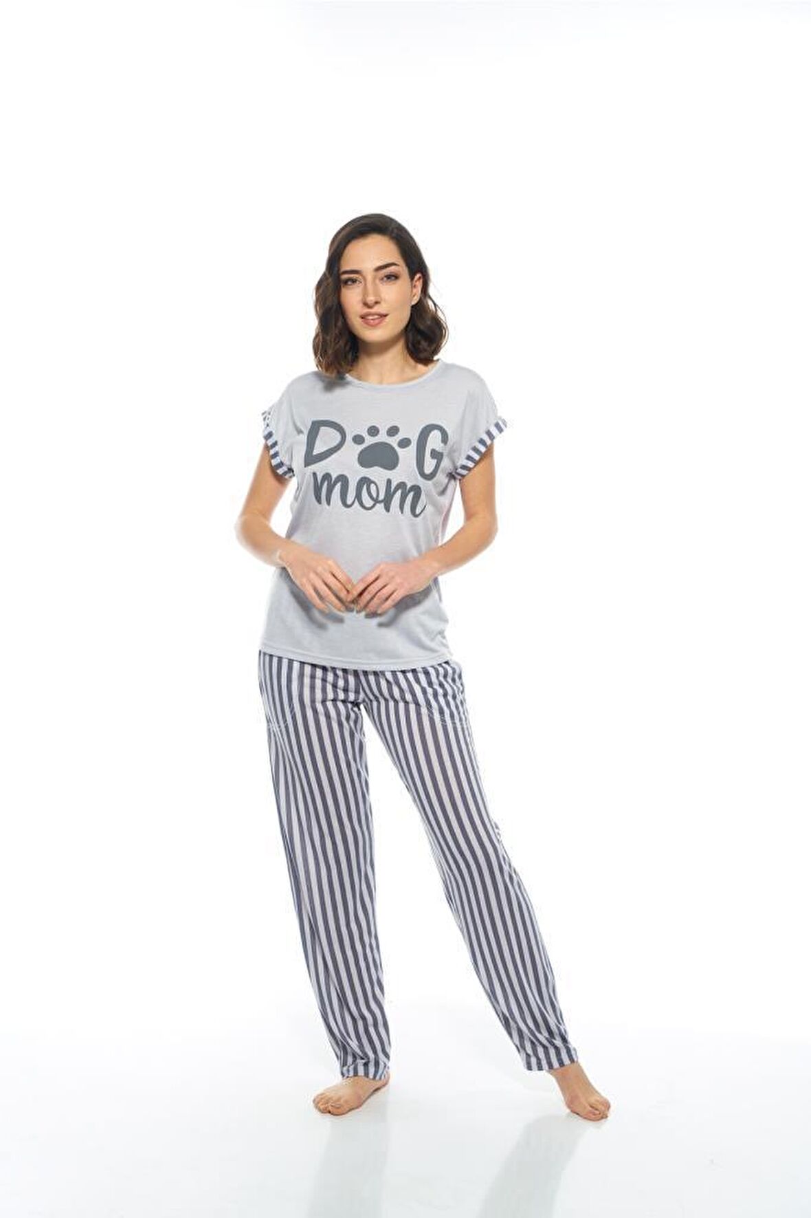 Estiva Çizgili Patili Viskon Kısa Kol Bayan Pijama Takım Gri-M