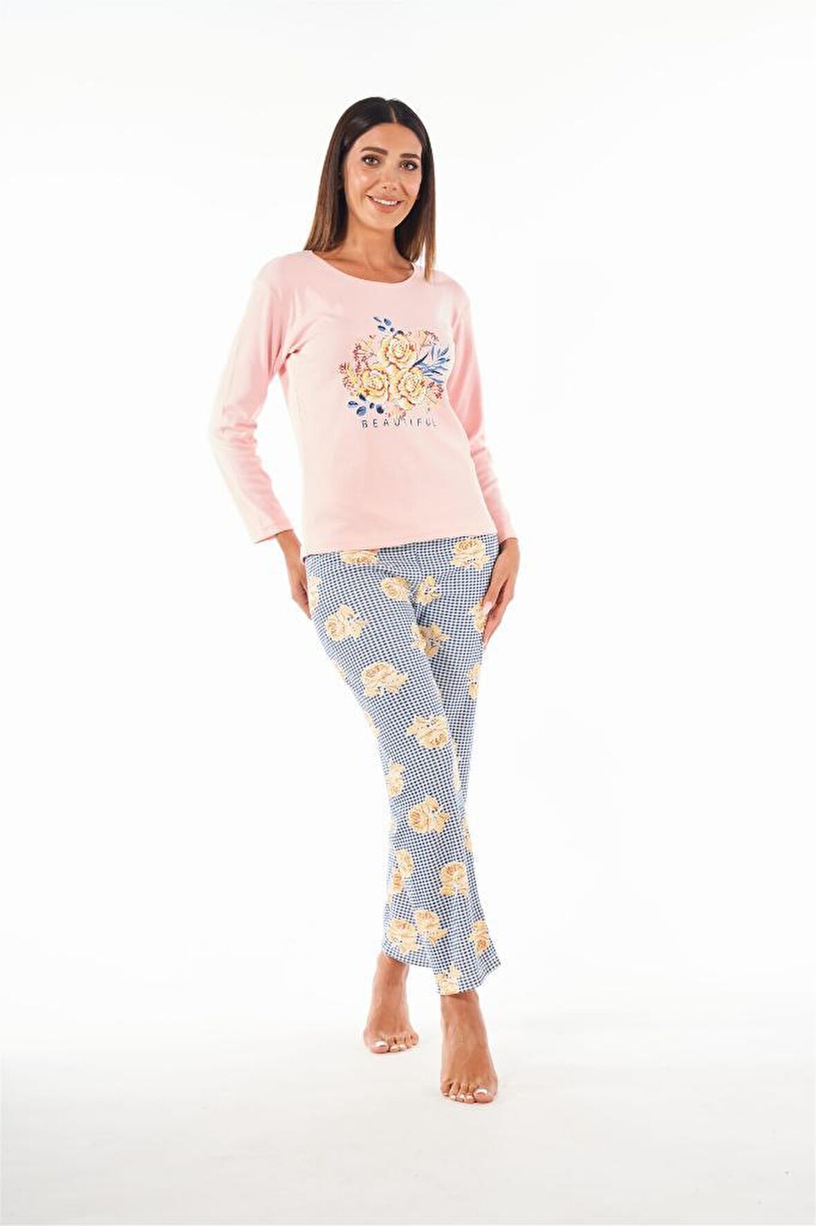 Estiva Patlı Yaka Desenli Uzun Kol Kadın Pijama Takım