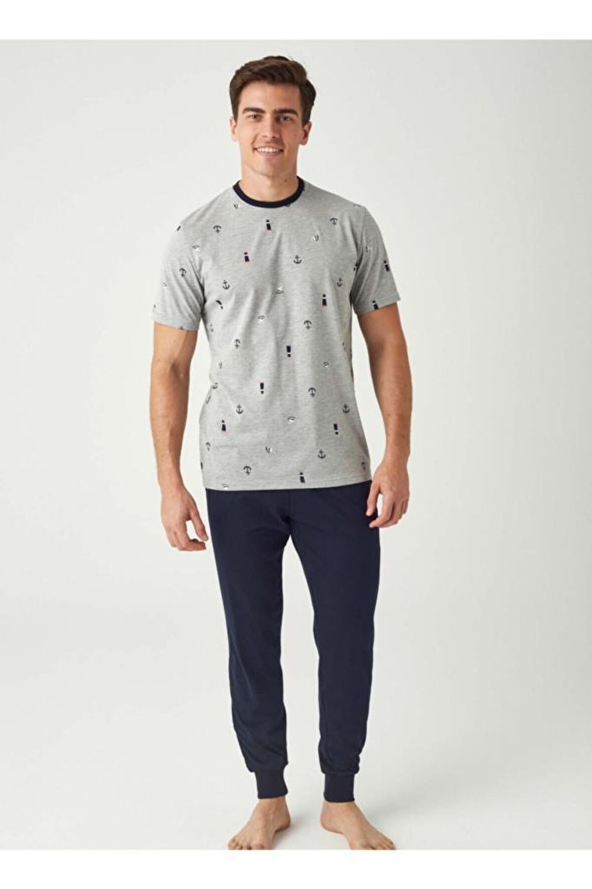 Çapalı Paça Lastik Bilekli Erkek Pijama Takım Gri-L