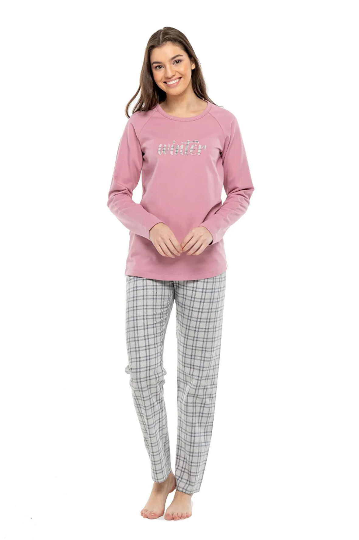 Sıfır Yaka Kareli Bayan Pijama Takım