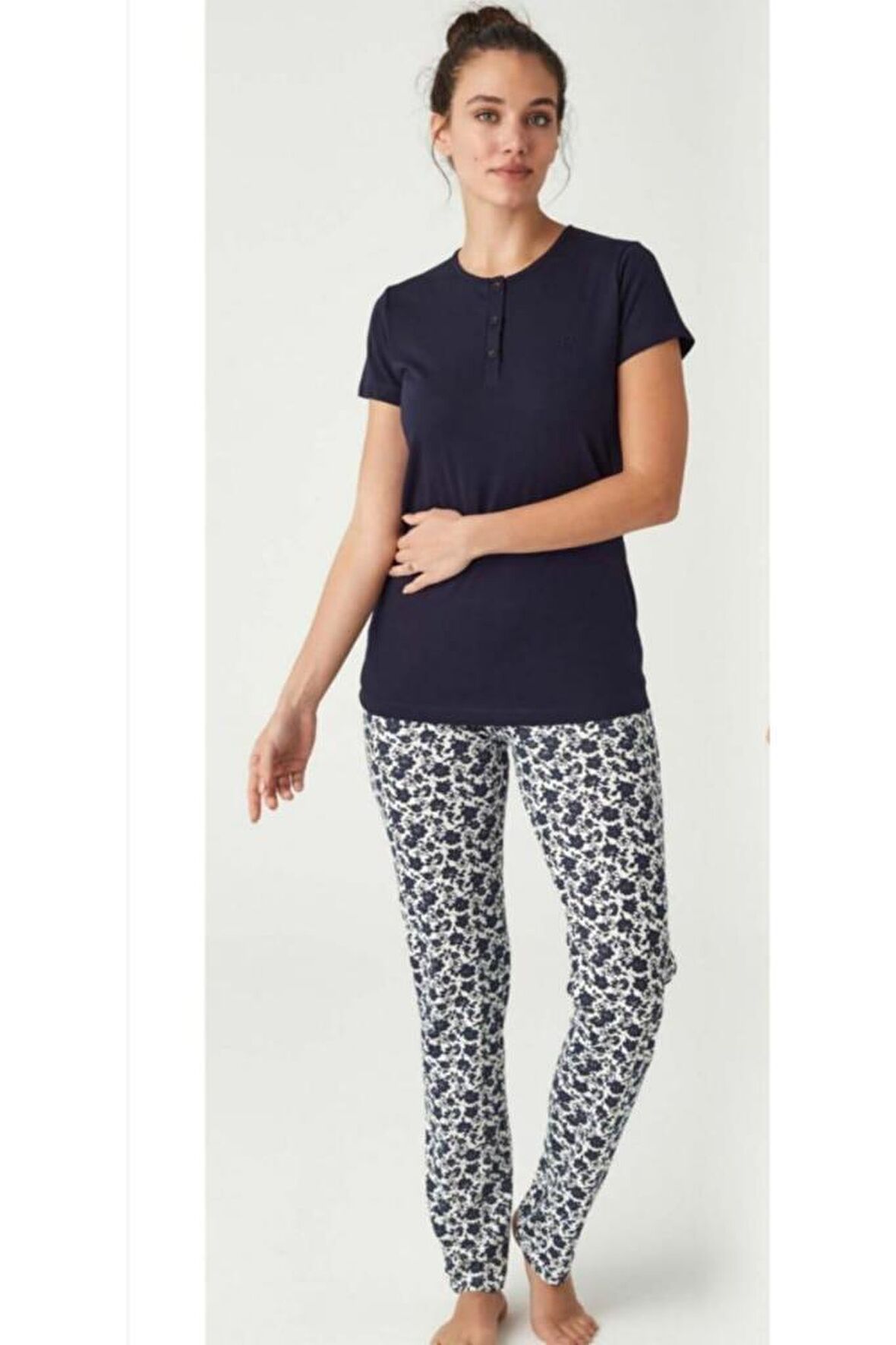 %100 Pamuk Patlı Kısa Kol Bayan Pijama Takım Lacivert-M