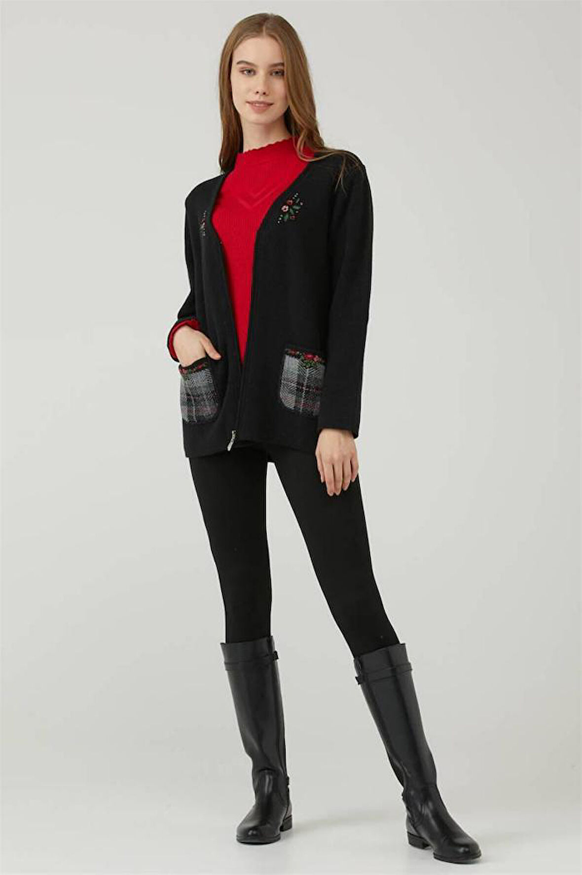 Sementa Nakışlı Cepli Fermuarlı Kadın Triko Ceket