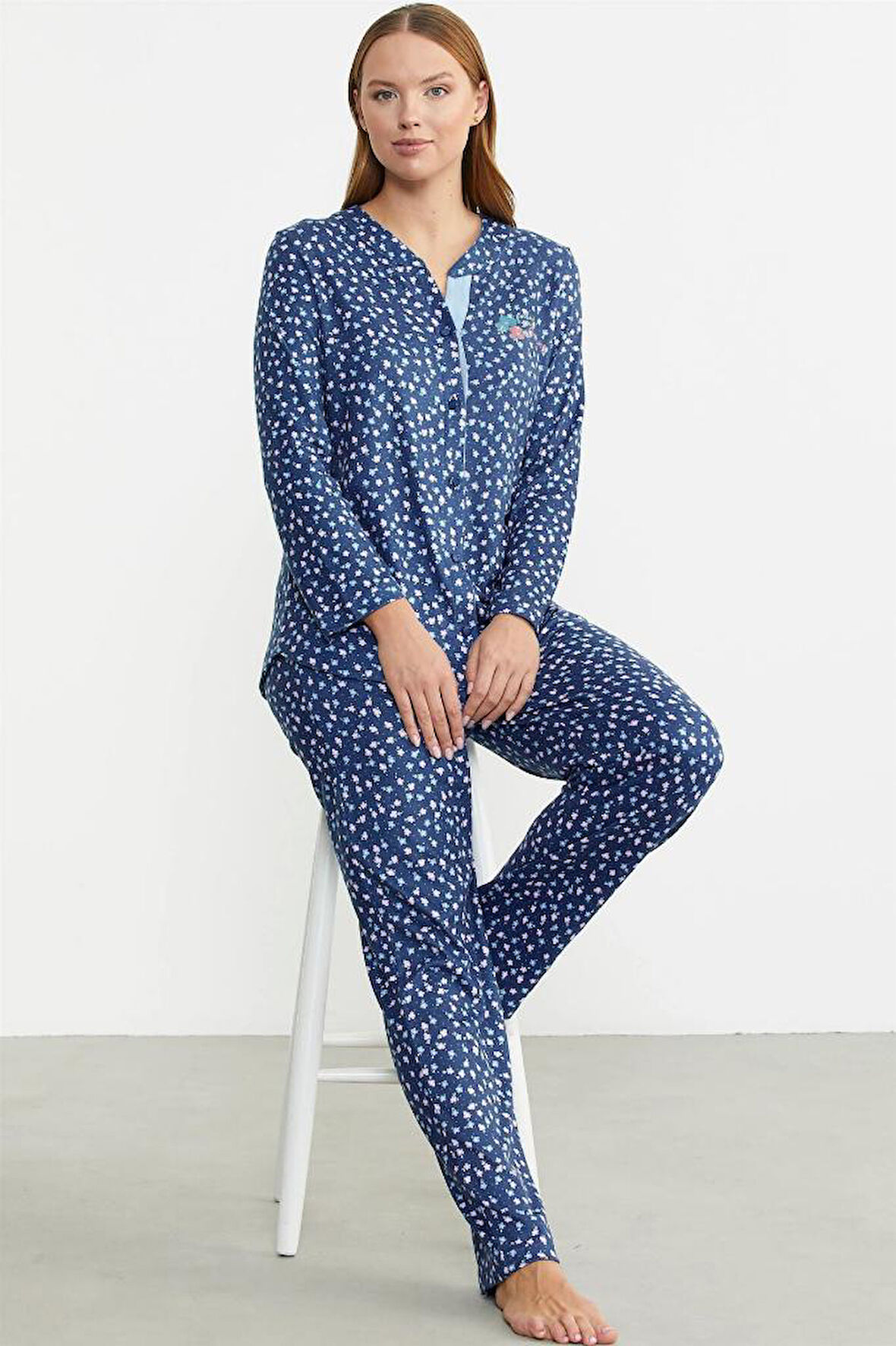 Sementa Minimal Desen Yumoş Önden Düğmeli Bayan Pijama Takım 