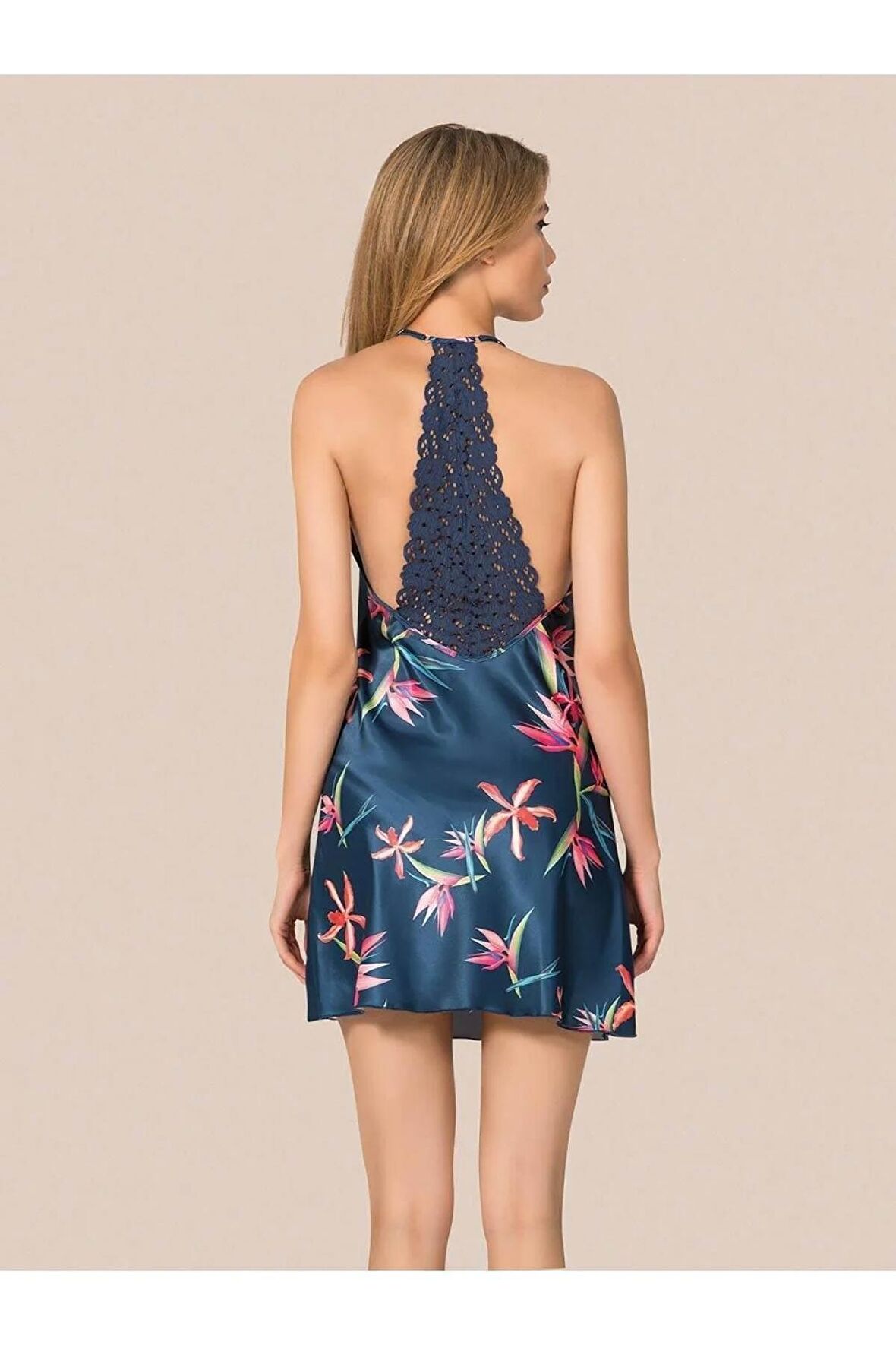 Kadın Lacivert Saten Gecelik Sabahlık Takım