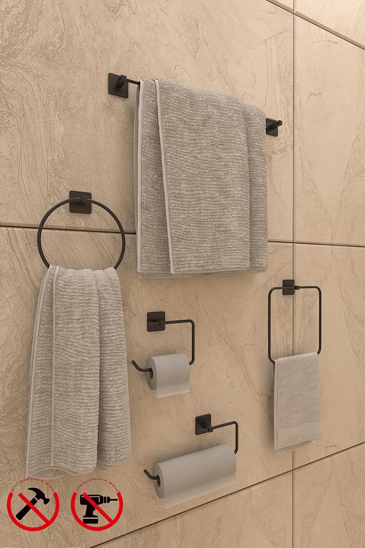 Yapışkanlı Banyo Aksesuar Seti Havluluk T.Kağıtlık ve Peçetelik Kare Siyah 5 li Set