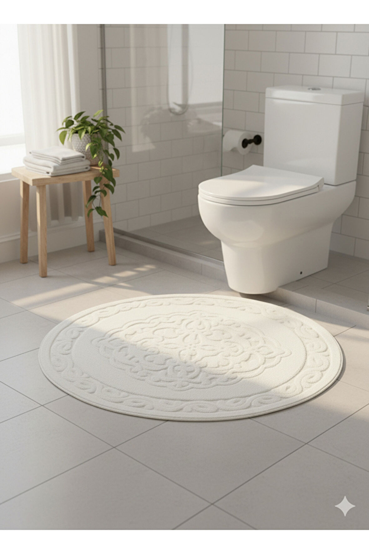Yuvarlak Pamuk Banyo Paspası Halısı Beyaz 120x120 cm – %100 Pamuk, Yumuşak ve Dekoratif