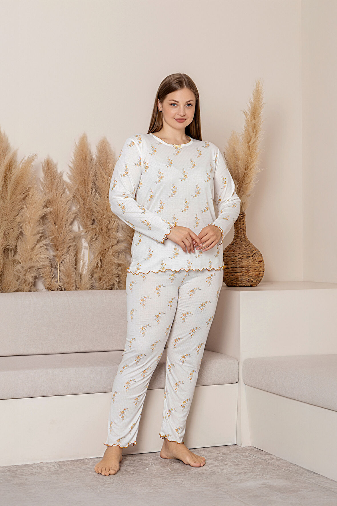 Uzun Kollu Büyük Beden Kadın Pijama Takımı- Çiçek Desenli Pijama - Pinterest Basic Kadın  Pijama 