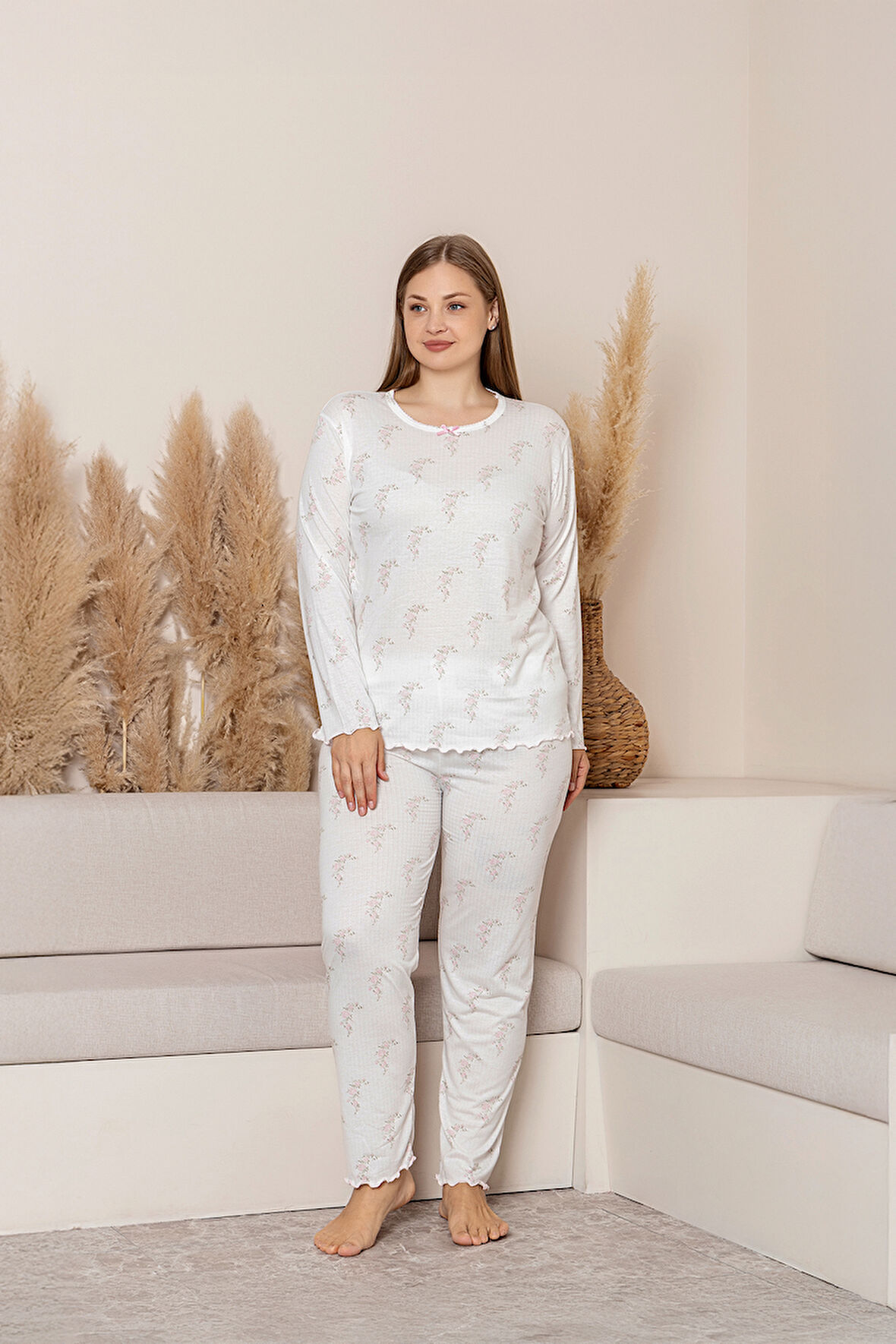 Uzun Kollu Büyük Beden Kadın Pijama Takımı- Çiçek Desenli Pijama - Pinterest Basic Kadın  Pijama 