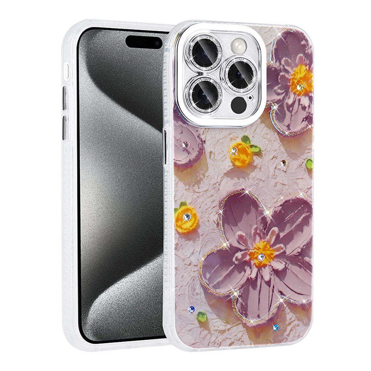 Apple iPhone 14 Pro Max Kılıf Çiçek Desenli Parlak Taşlı Sert Silikon  Garden Kapak