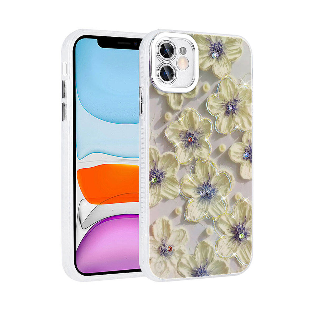 Apple Uyumlu iPhone 11 Kılıf Çiçek Desenli Parlak Taşlı Sert Silikon  Garden Kapak