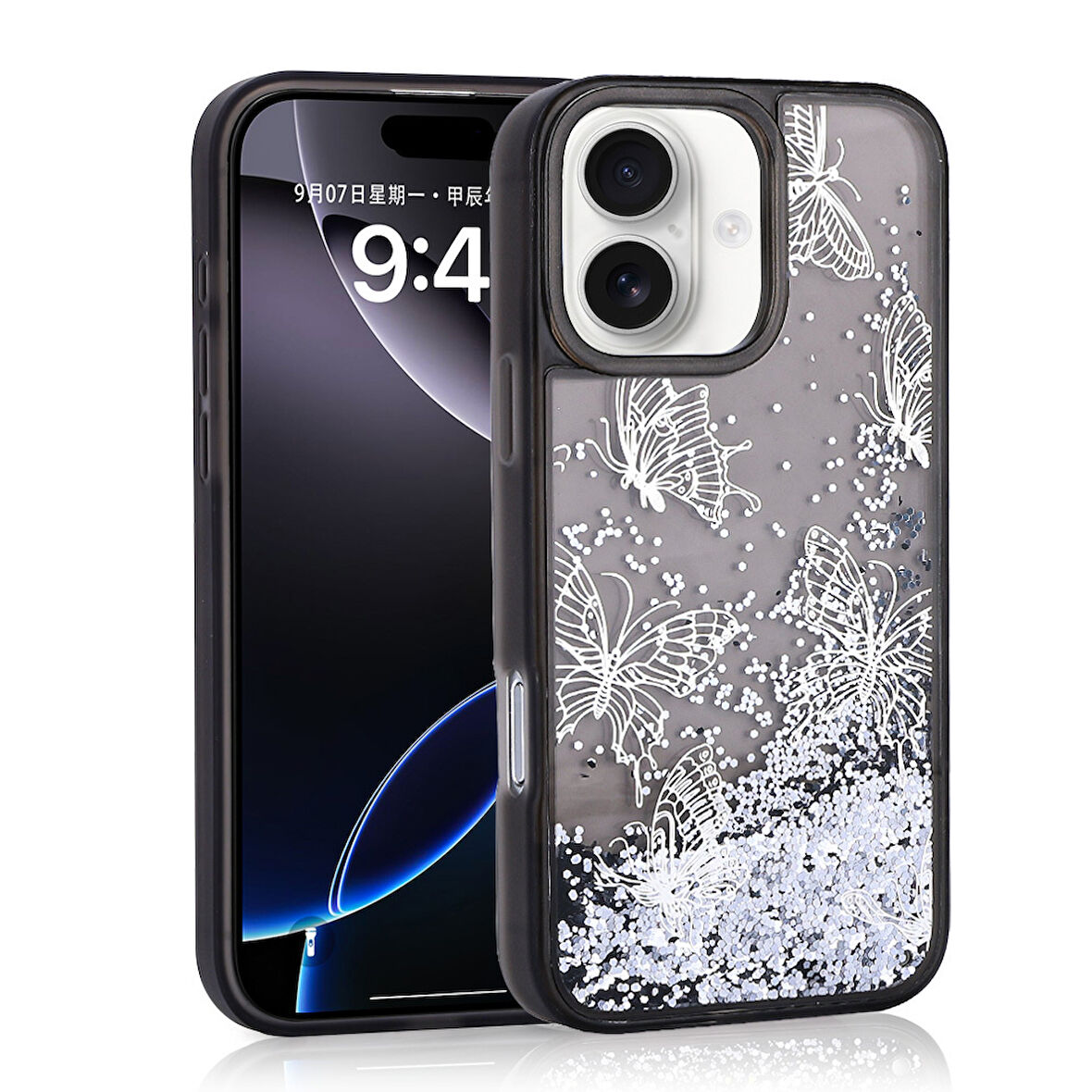 Apple iPhone 16 Kılıf Sıvılı Simli Kelebek Baskılı Şeffaf Arka Yüzey  Glis Silikon Kapak