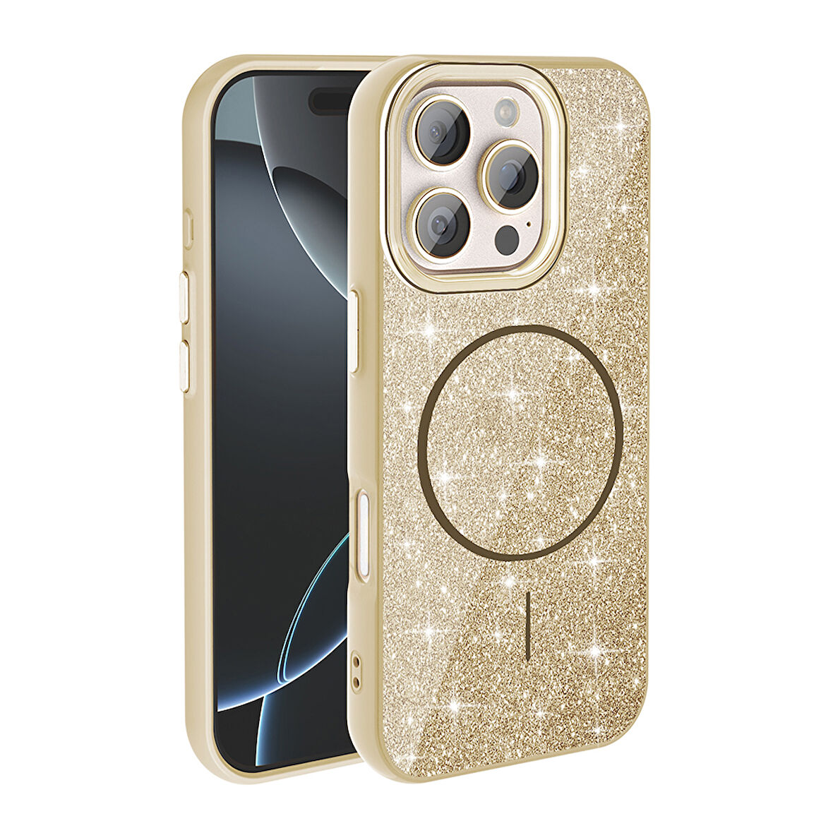 Apple iPhone 16 Pro Kılıf M-safe Şarj Özellikli Parlayan Simli  Okso Kapak