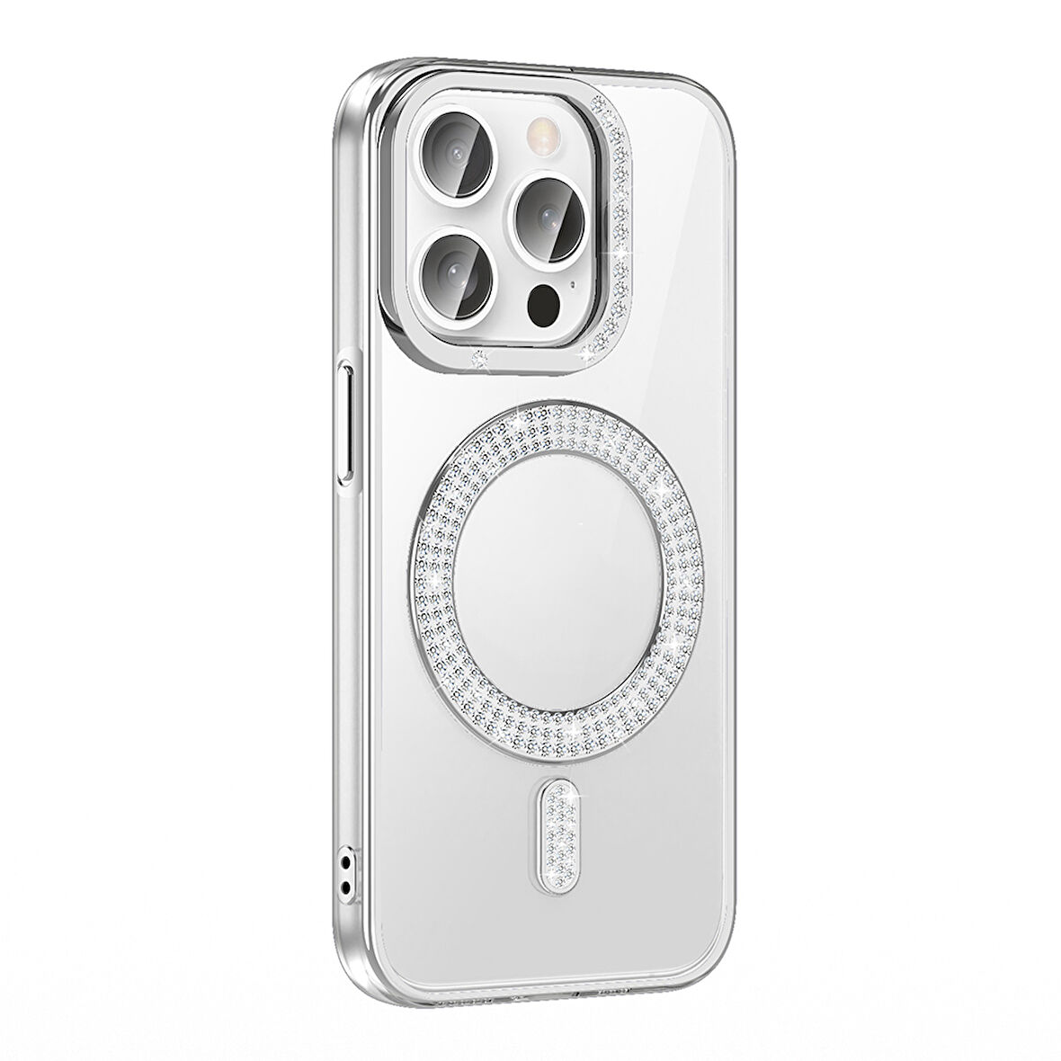 Apple iPhone 14 Pro Max Kılıf Pırlanta Taş Tasarımlı M-safe Şarj Özellikli  Karetta Silikon Kapak