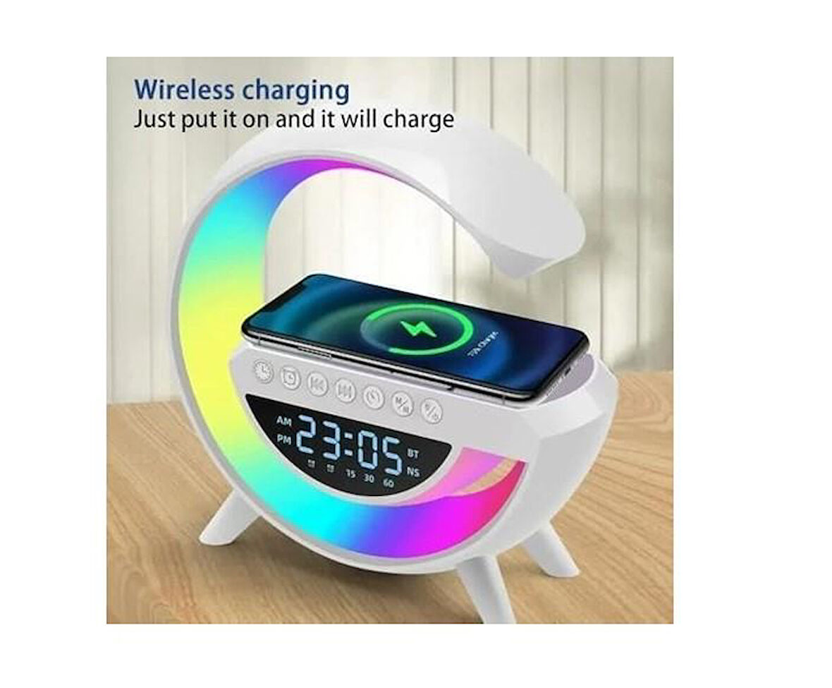 Kablosuz Şarj Istasyonu Speaker Özellikli Led Işıklı Fm Radyolu Bluetooth Speaker