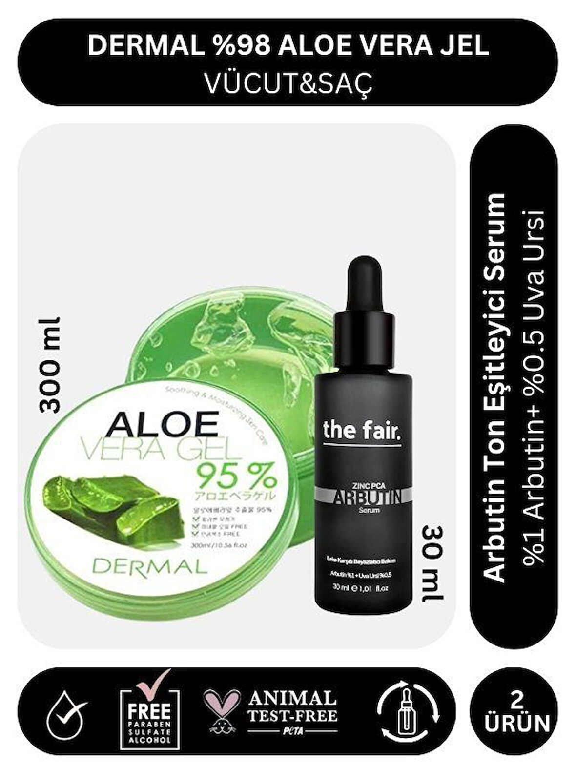 Dermal %98 Aloe Vera Jel Saç Cilt ve Vücut için Nemlendirici 300 ml ve the fair. Arbutin 30 ml Serum