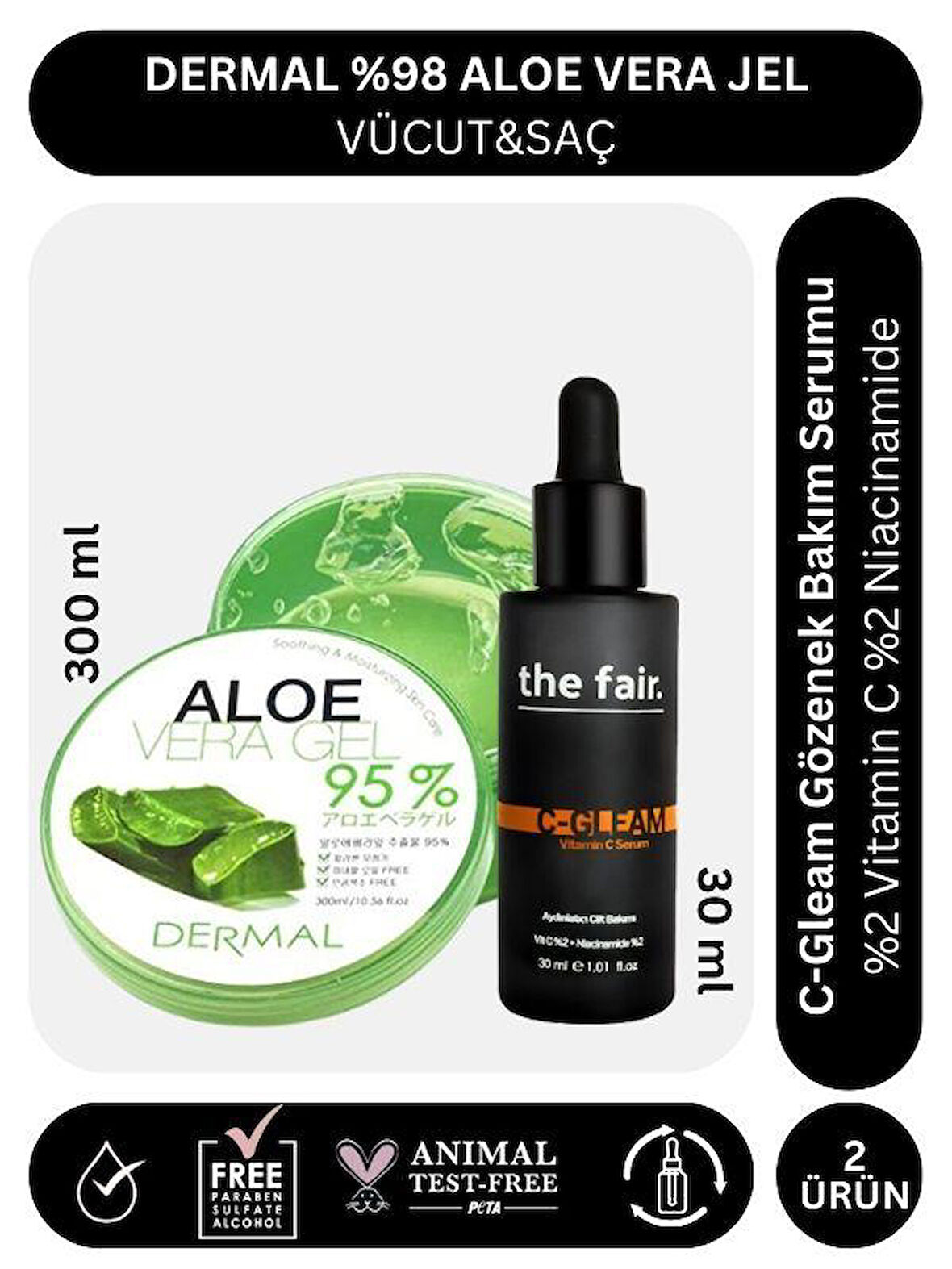 Dermal %98 Aloe Vera Jel Saç Cilt Vücut için Nemlendirici 300 ml ve the fair. C Gleam 30 ml Serum