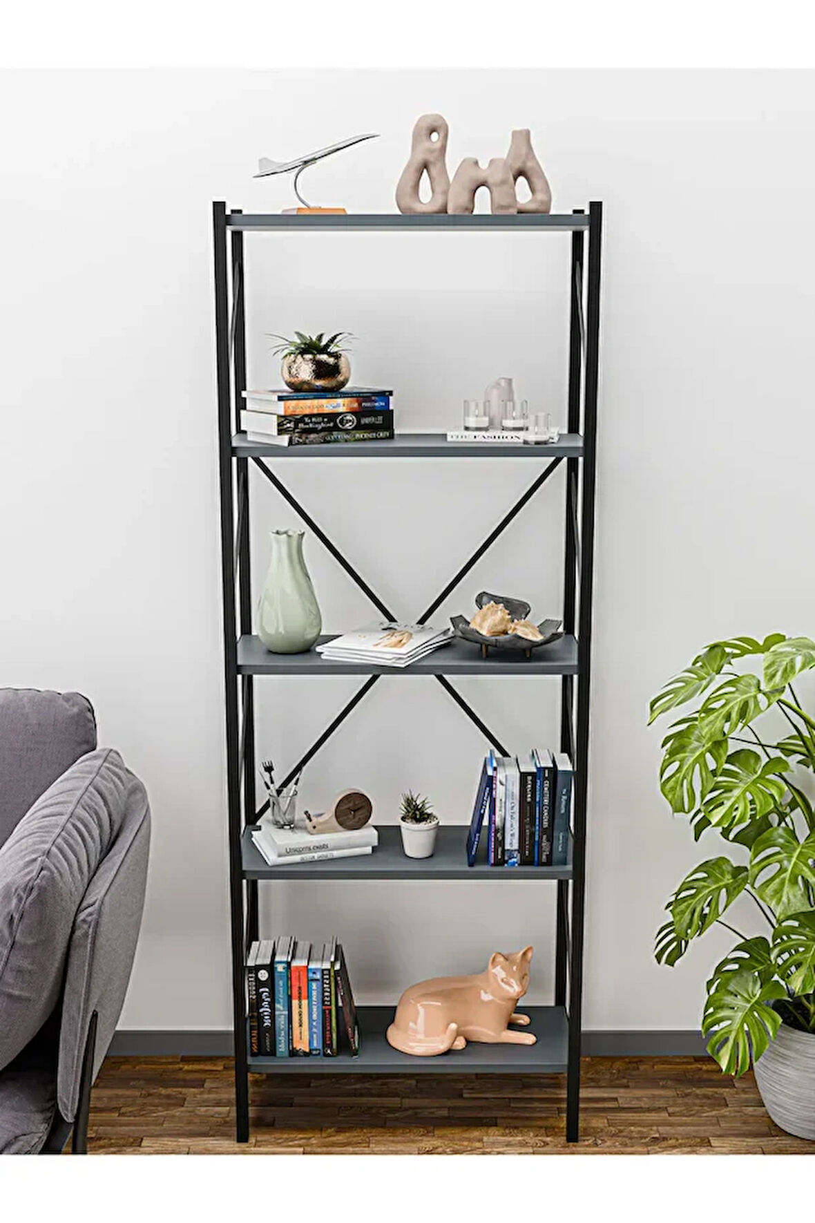 Metal Kitaplık 5 Raflı Dekoratif Kitaplık Ev Ofis Mutfak Rafı Çok Amaçlı 150cm