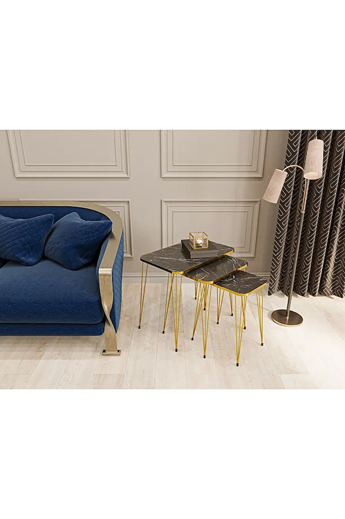 Zigon Sehpa 3'lü Kare Gold Tel Ayaklı