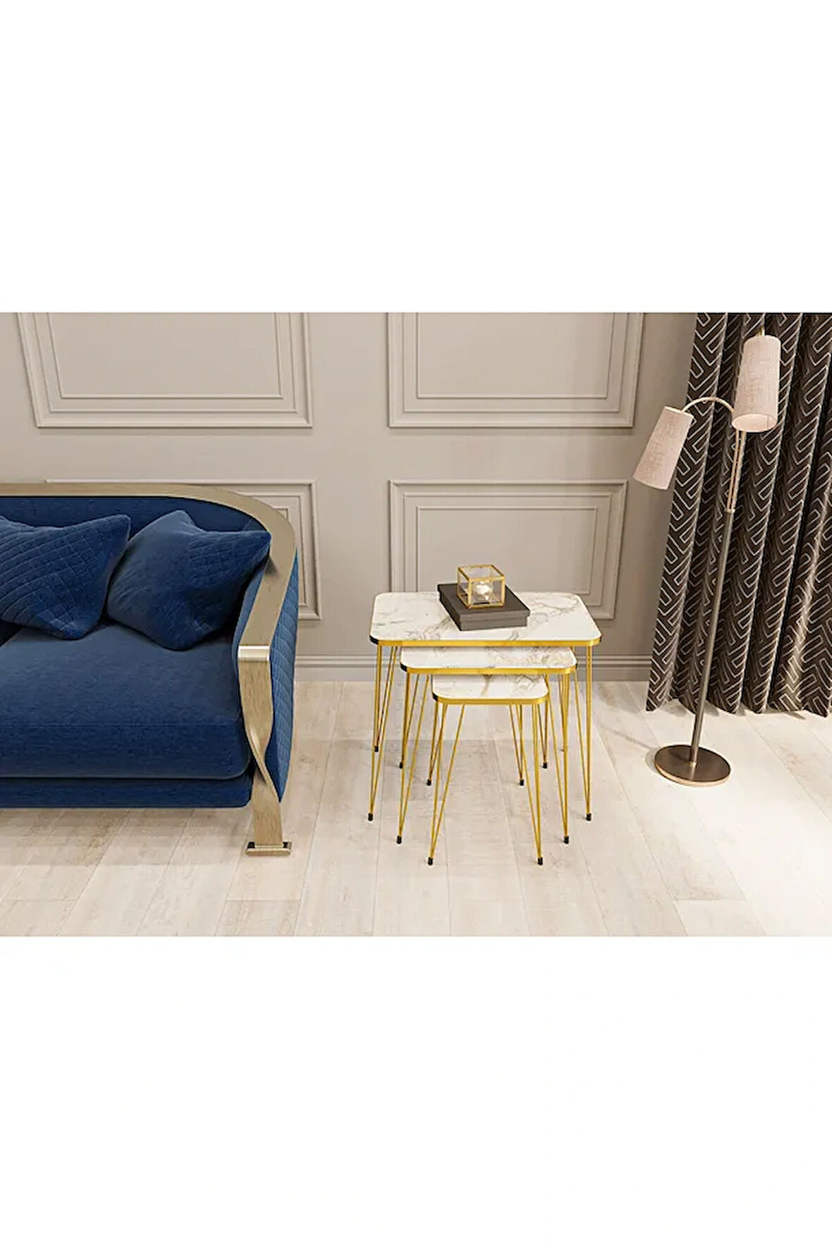 Zigon Sehpa 3'lü Kare Gold Tel Ayaklı