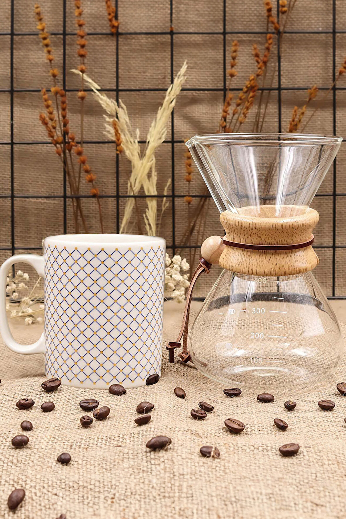 Cam Kahve Demleme Karafı & Gold Detaylı Kupa Hediye Seti