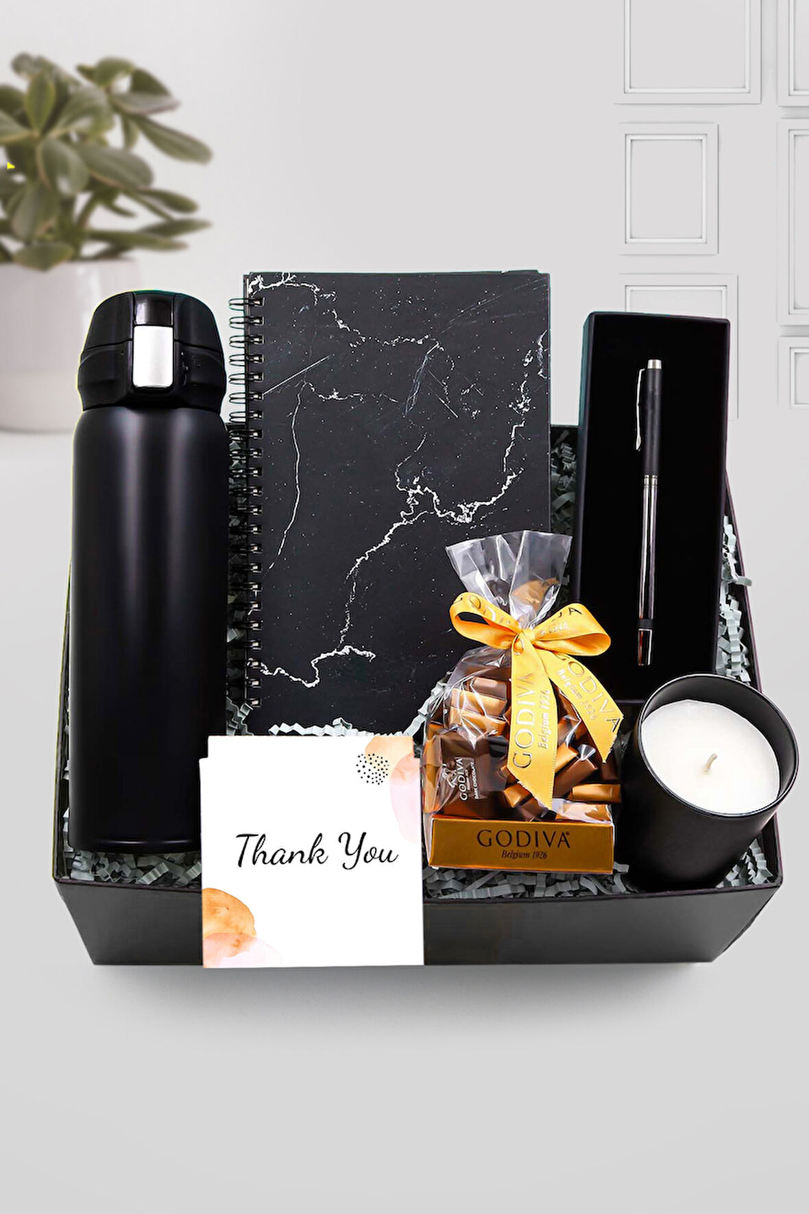 Kilitli Termos & Mermer Defter & Siyah Metalik Kalem & Bardak Mum & Godiva Çikolata Hediye Seti