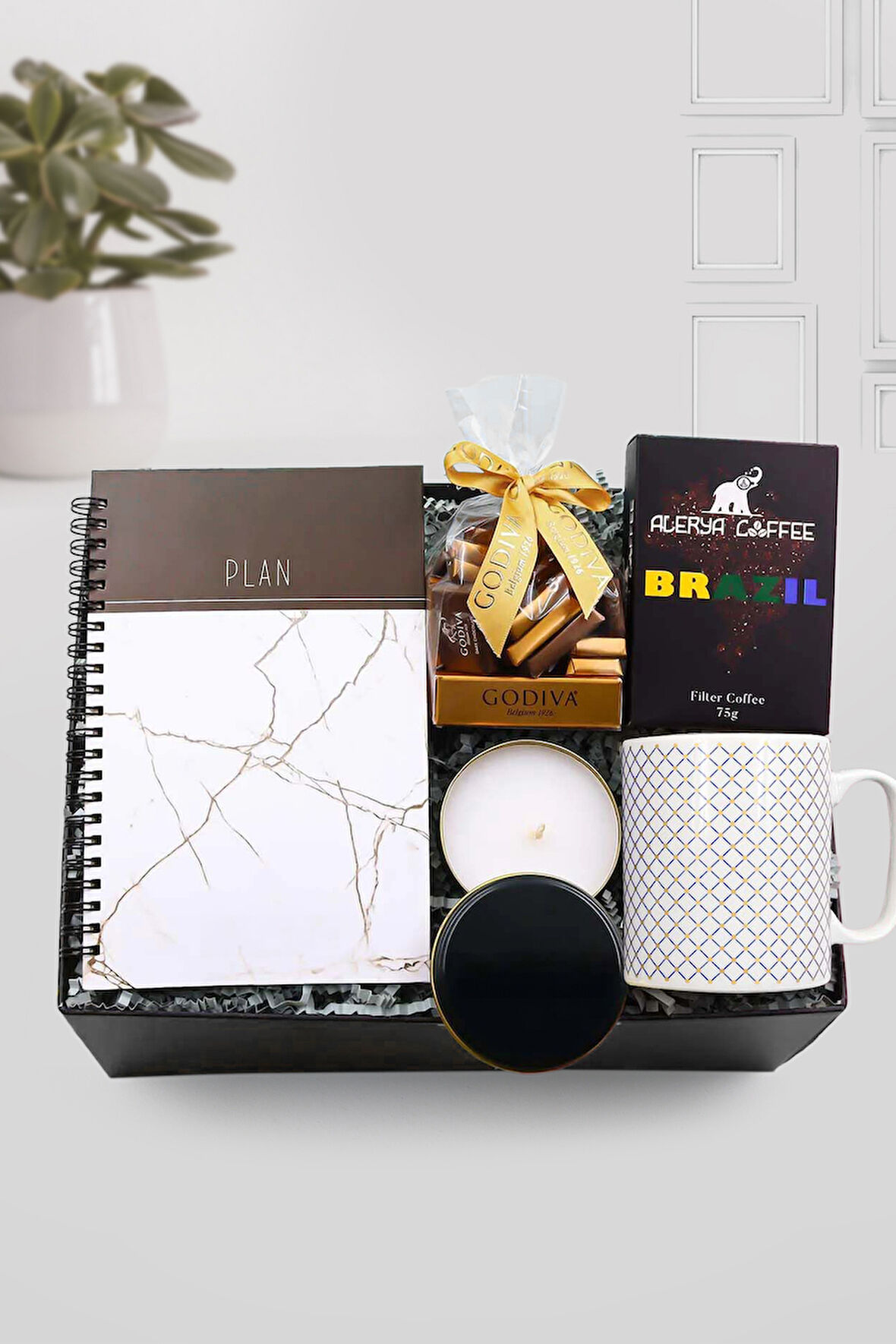 Mermer Desenli Defter & Kupa & Siyah Kutulu Mum & Alerya Kahve & Godiva Çikolata Hediye Seti