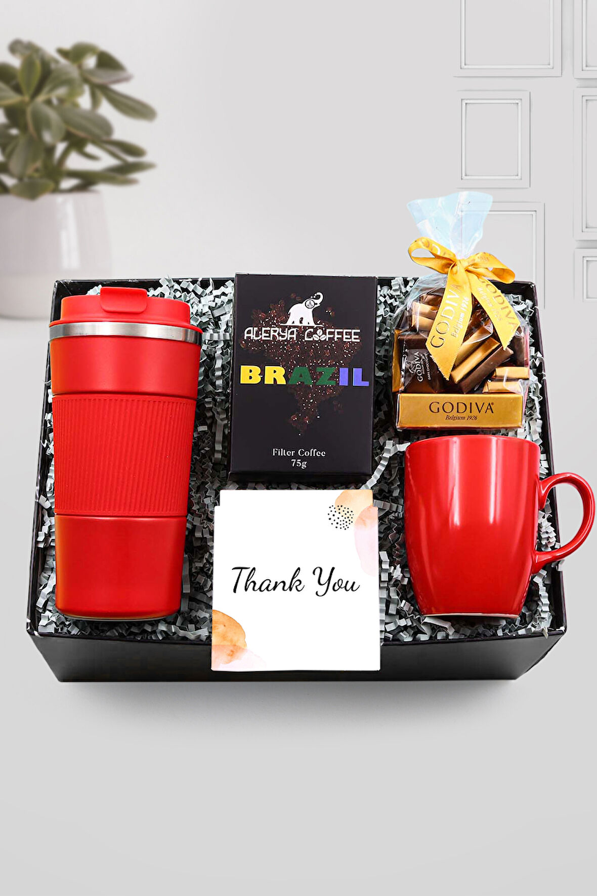 Kırmızı Termos & Kırmızı Kupa & Alerya Brazil Filtre Kahve & Godiva Çikolata Hediye Seti