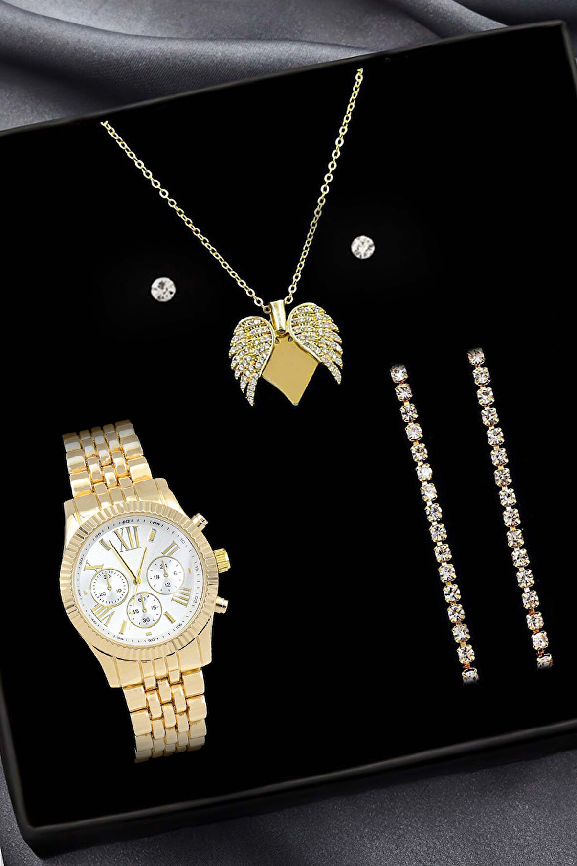 Melek Kanatlı Kolye & Kadın Kol Saati & 2'li Su Yolu Bileklik & Gold Renk Taş Küpe Hediye Seti
