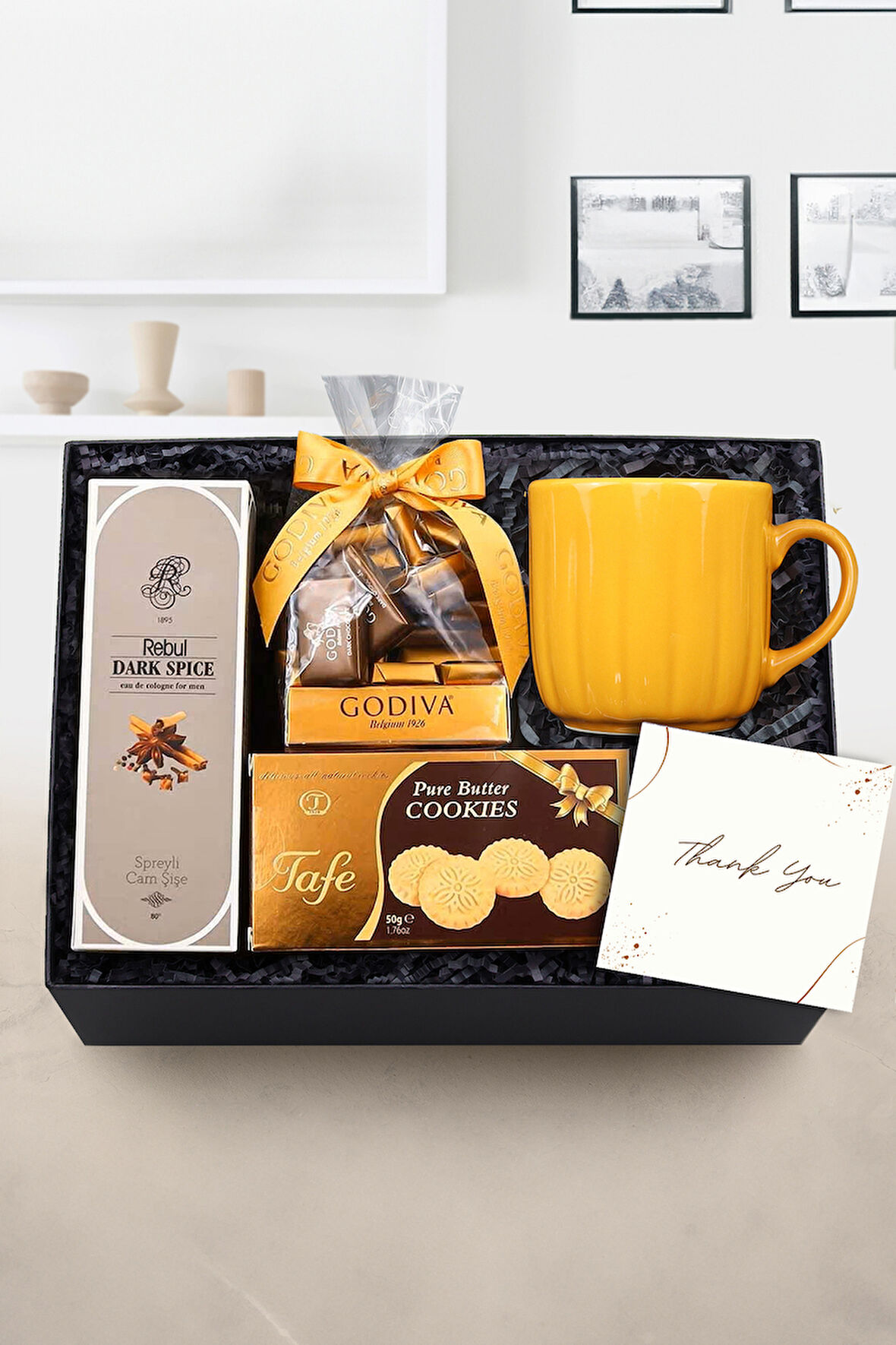 Turuncu Kupa & Kurabiye & Godiva Napoliten Çikolata & Rebul Kolonya Hediye Seti