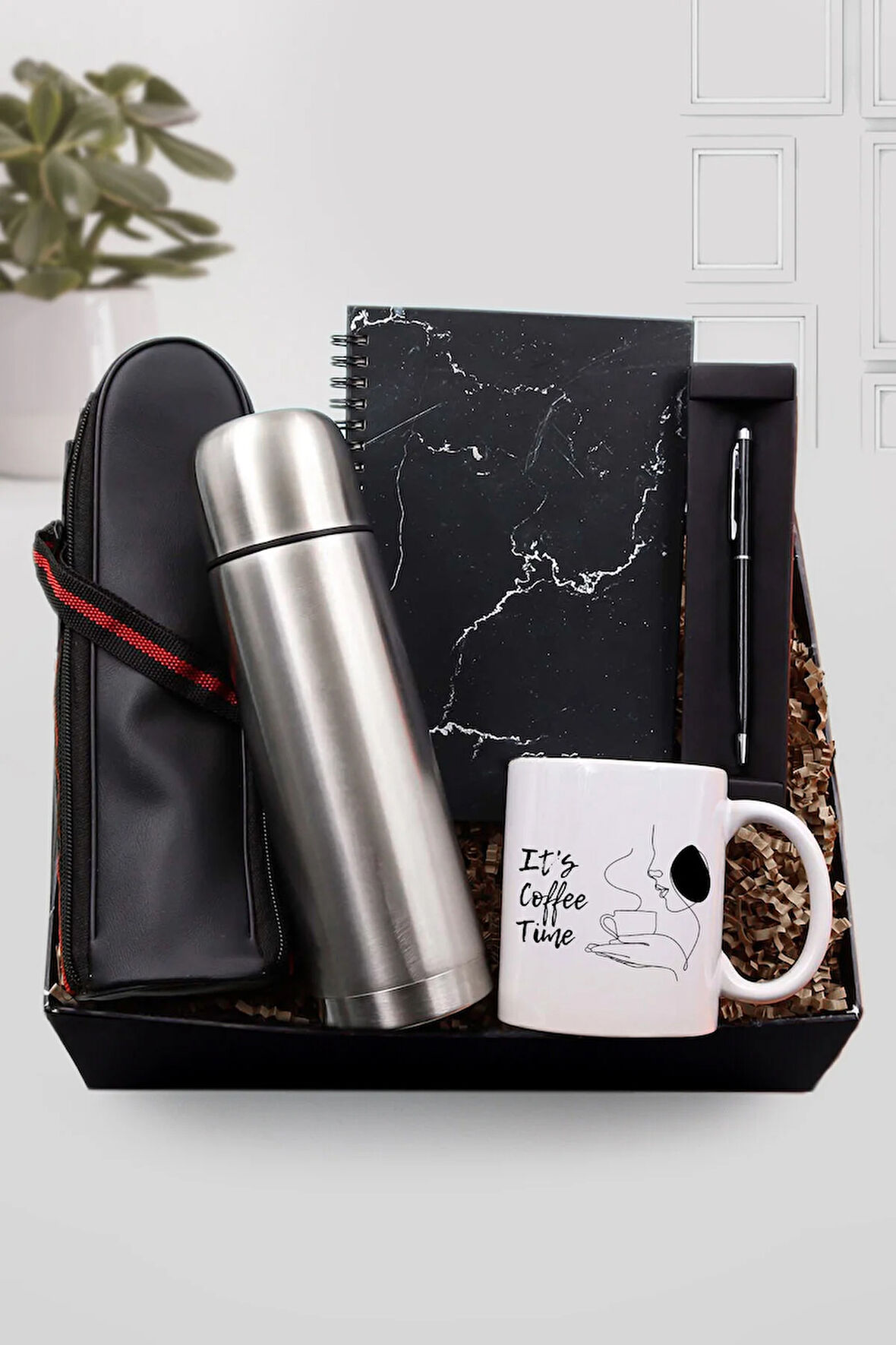 Deri Çantalı Gri Termos & Mermer Desenli Defter & Kalın Siyah Touch Pen & Çizgi Harf Kupa Hediye Set