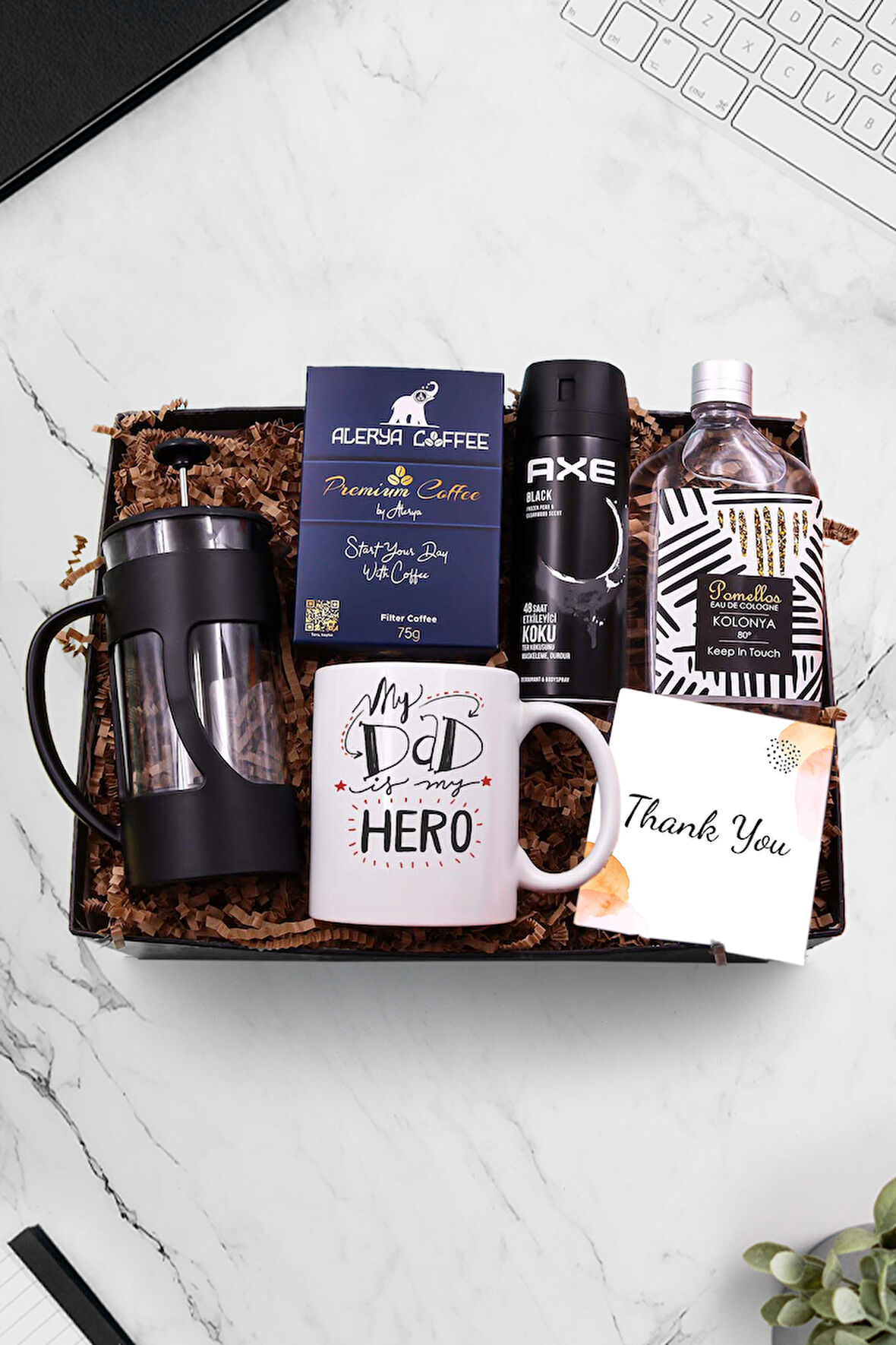 Kupa & Siyah French Press & Alerya Filtre Kahve & Deodorant & Pomellos Kolonya Hediye Seti