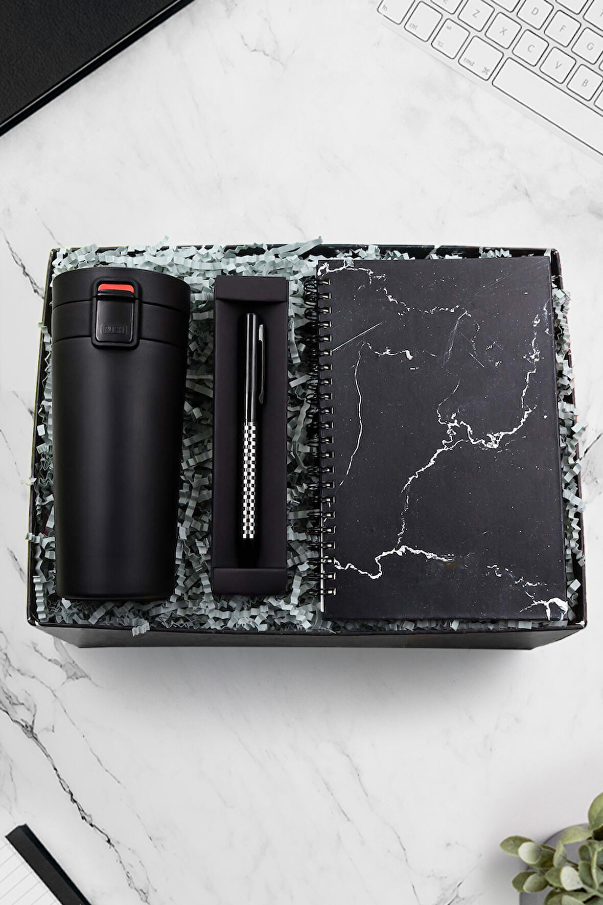 350 ML Kilitli Siyah Termos & Mermer Desenli Defter & Dama Detaylı Tükenmez Kalem Hediye Seti