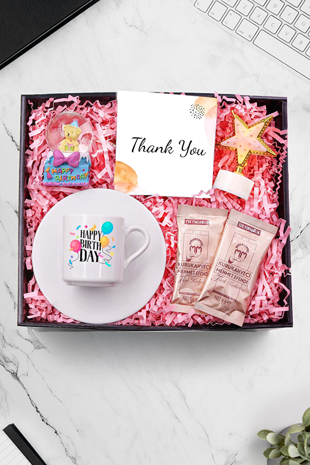 Happy Birthday Fincan & Kar Küresi & Yıldız Led Işık & Mehmet Efendi Türk Kahvesi Hediye Seti