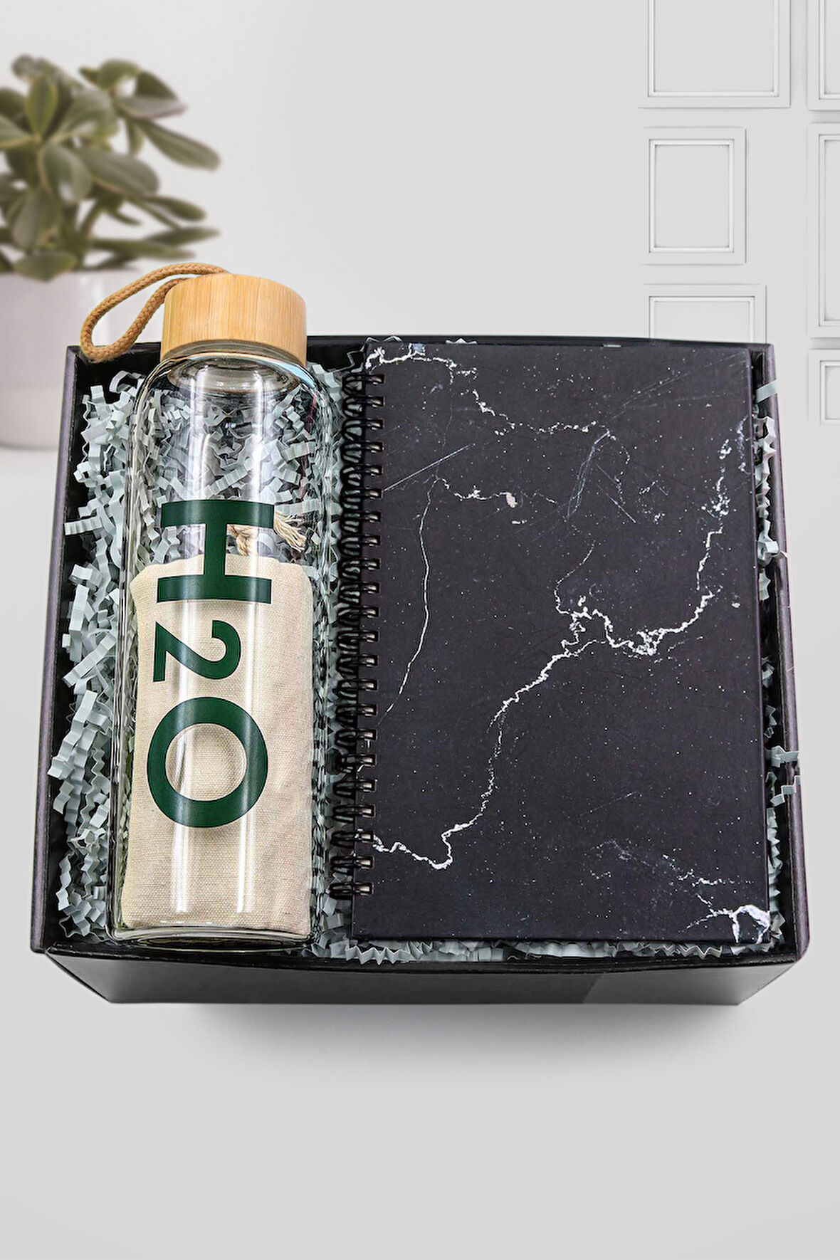 Mermer Desenli Defter & Bambu Kapaklı Cam Matara Hediye Seti