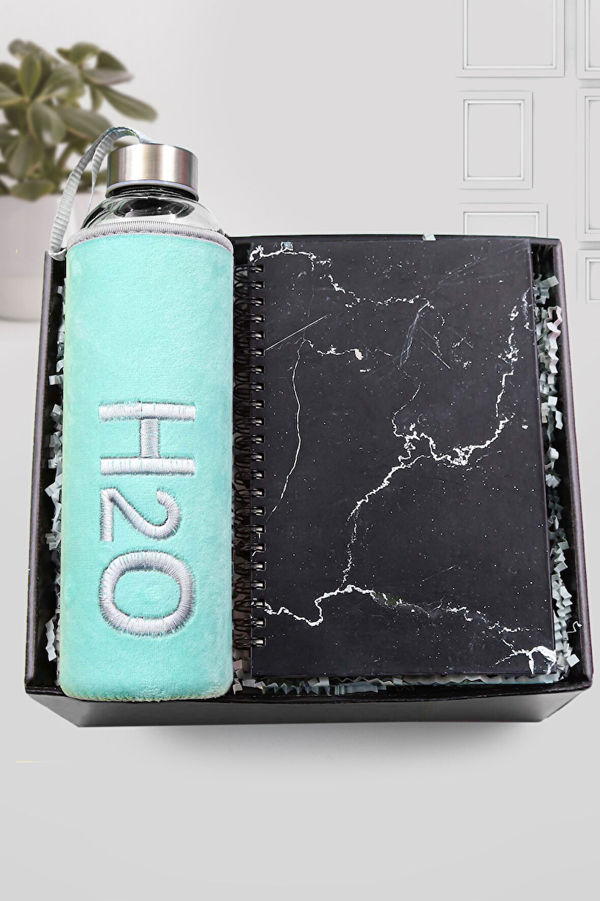 Mermer Desenli Defter & Peluş Kılıflı 600ml Turkuaz Renk Cam Matara Hediye Seti