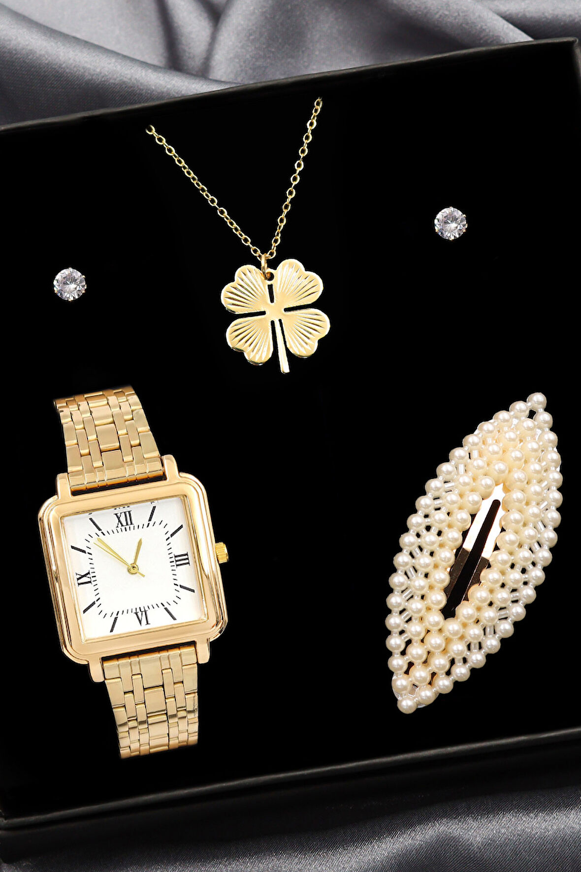 Metal Kordon Kadın Kol Saati & Gold Renkli Mini Yonca Kolye & İncili Toka & Taş Küpe Hediye Seti