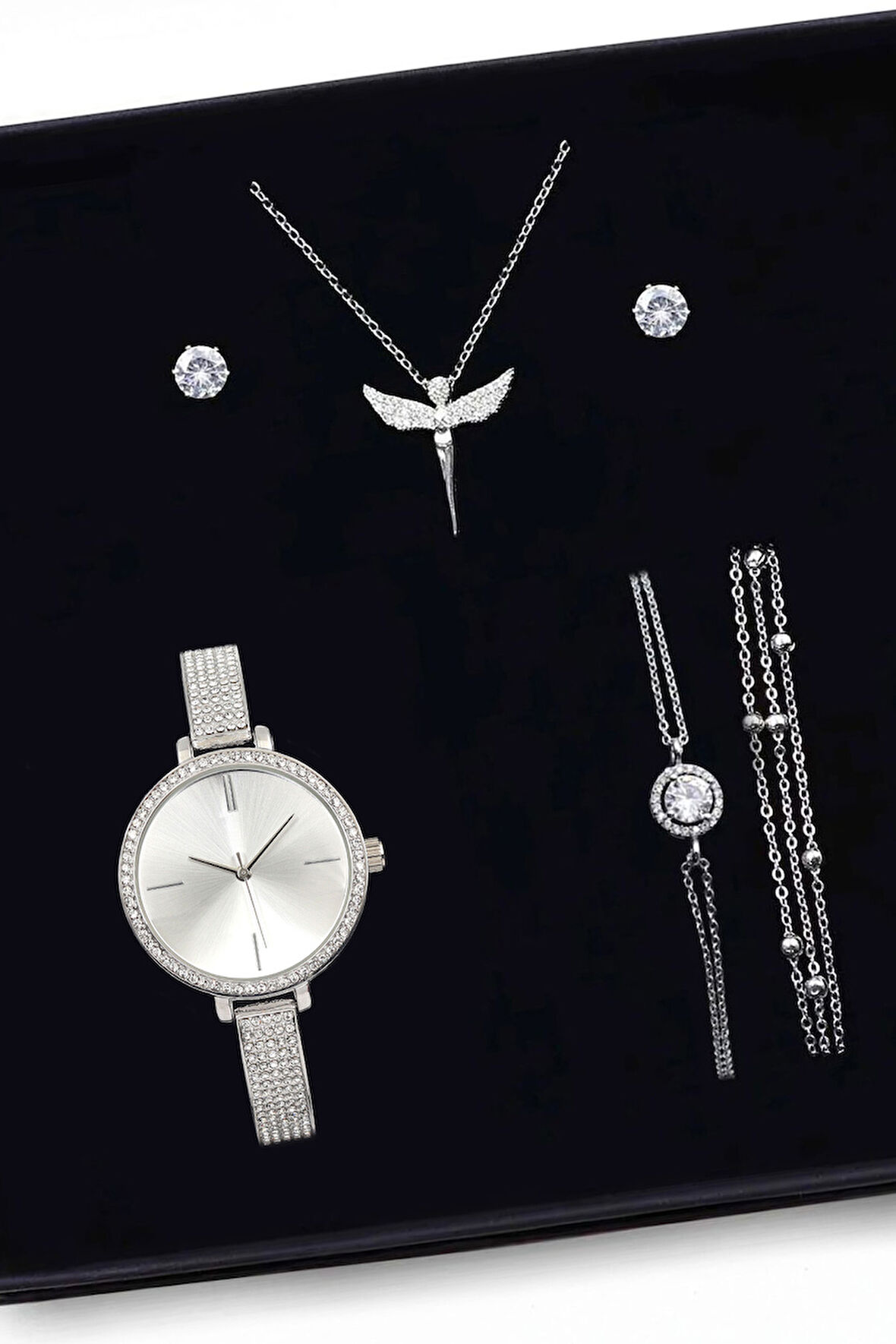 Kadın Kol Saati & Gümüş Tektaş Bileklik & Gümüş Kolye & Gümüş Bileklik & Taş Küpe Hediye Seti