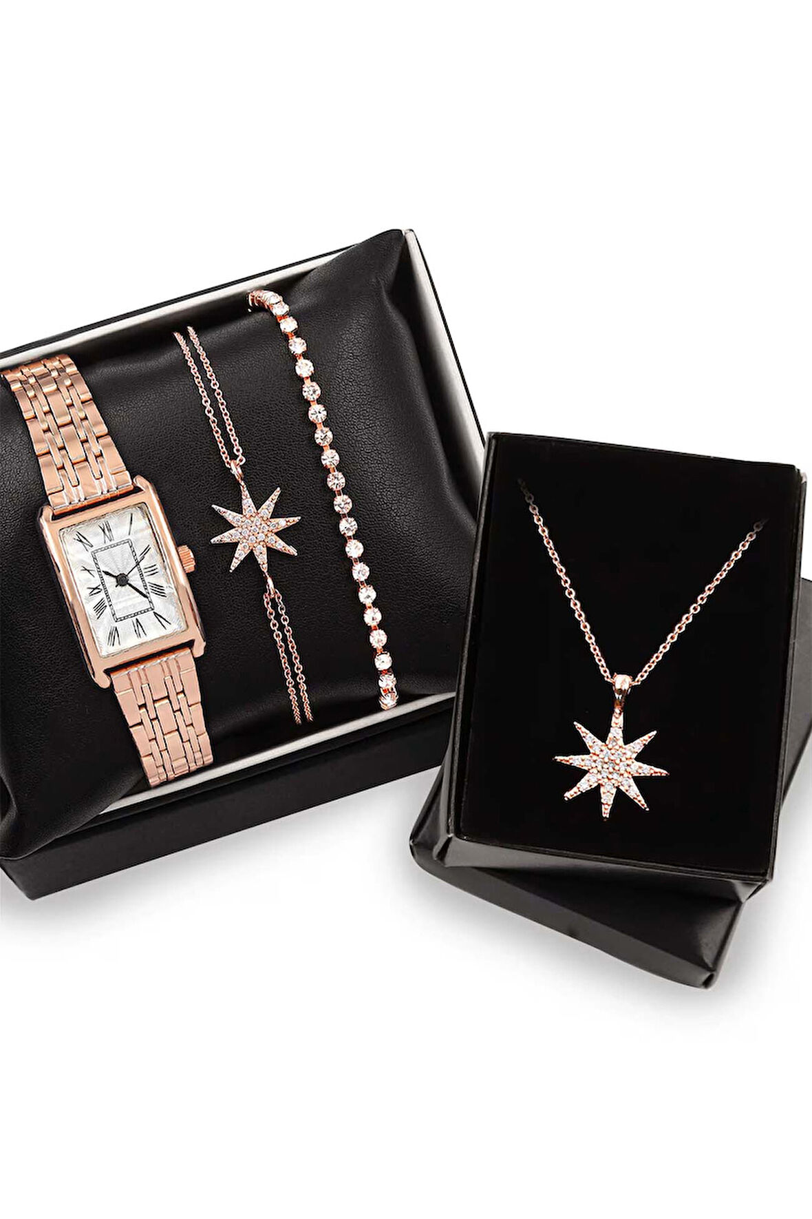 Rose Renk Kadın Kol Saati & Yıldız Kolye & Yıldız Bileklik & Rose Gold Su Yolu Bileklik Hediye Seti