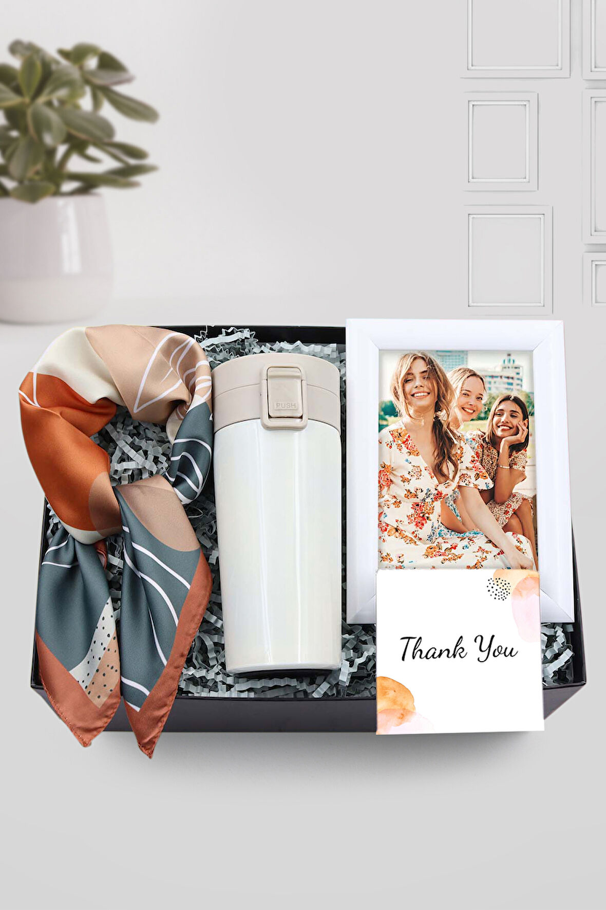 350 ML Kilitli Beyaz Çelik Termos & Yapraklı Detaylı Kahverengi Fular & Beyaz Çerçeve Hediye Seti