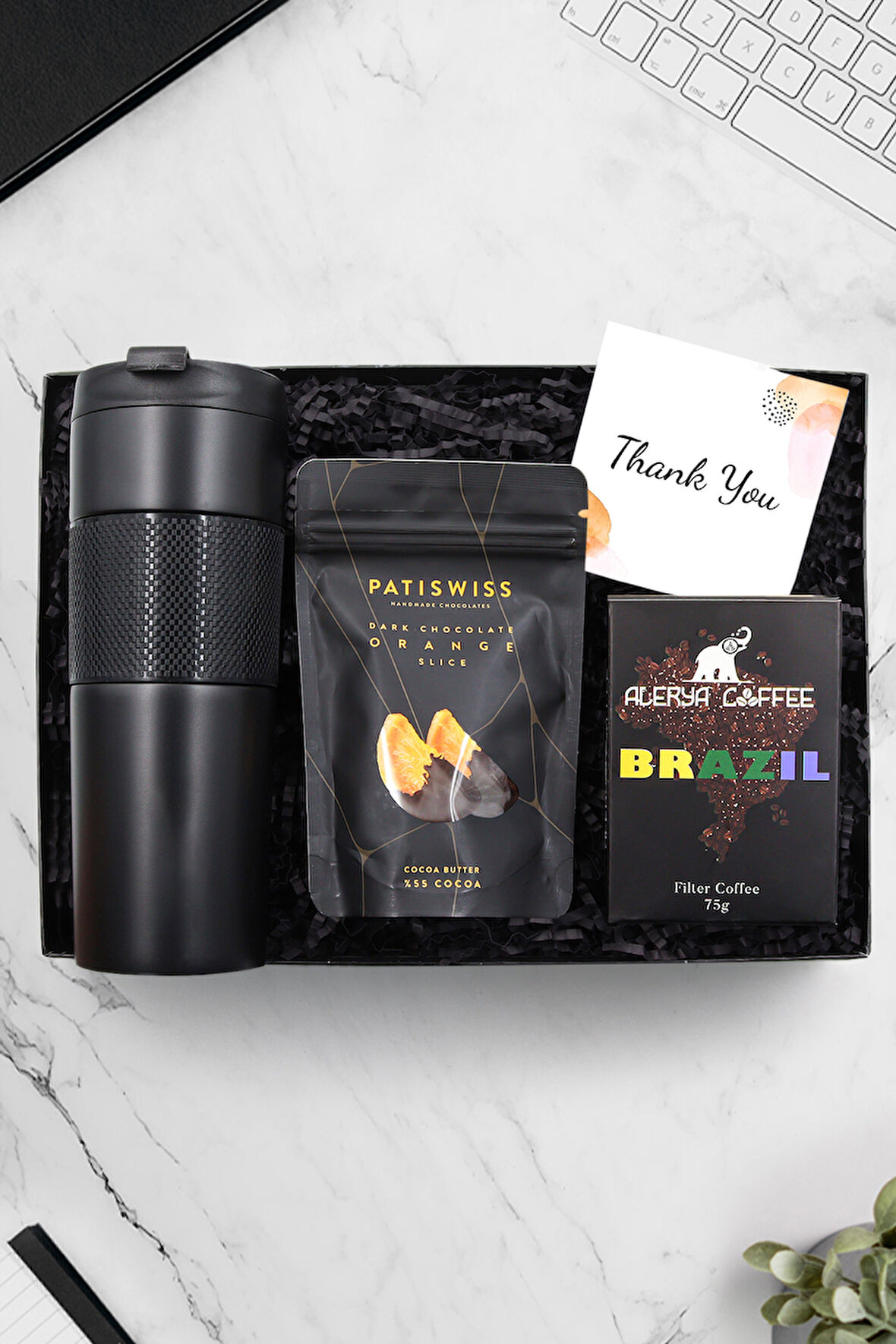 French Press Çelik Termos & Patiswiss Çikolata Kaplı Portakal & Alerya Filtre Kahve Hediye Seti