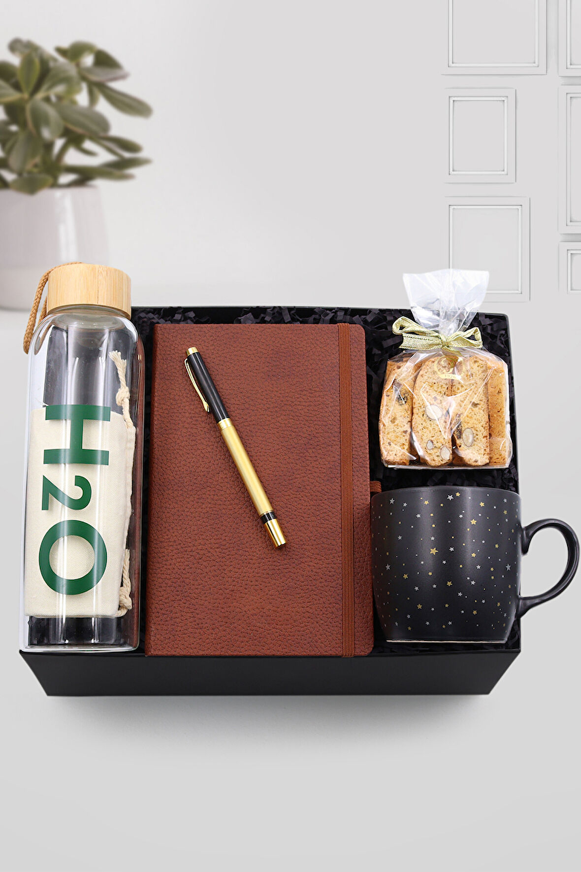 Gold Kalem & Cam Matara & Tafe Kurabiye & Yıldızlı Kupa & Kahverengi Defter Seti