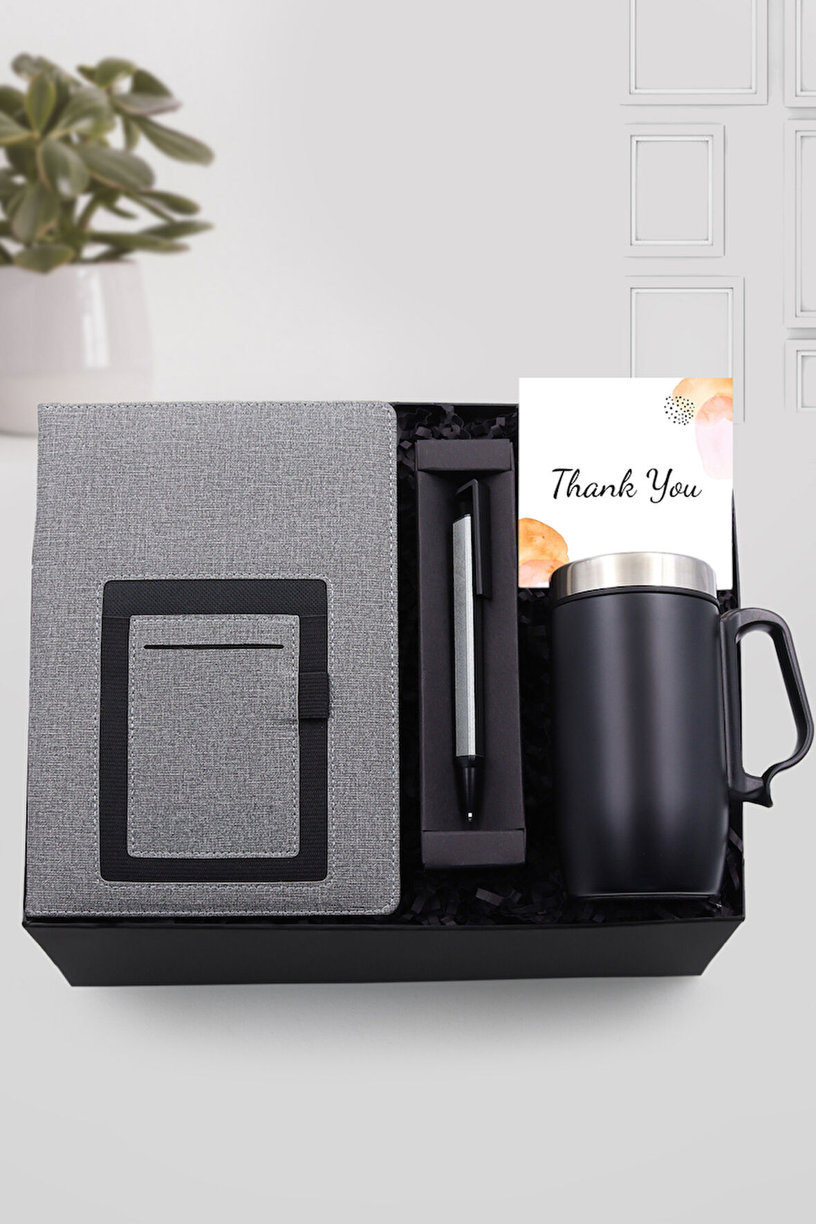 Telefon Cepli Gri Defter & Kulplu Siyah Çelik Termos & Telefon Tutuculu Tükenmez Kalem Hediye Seti