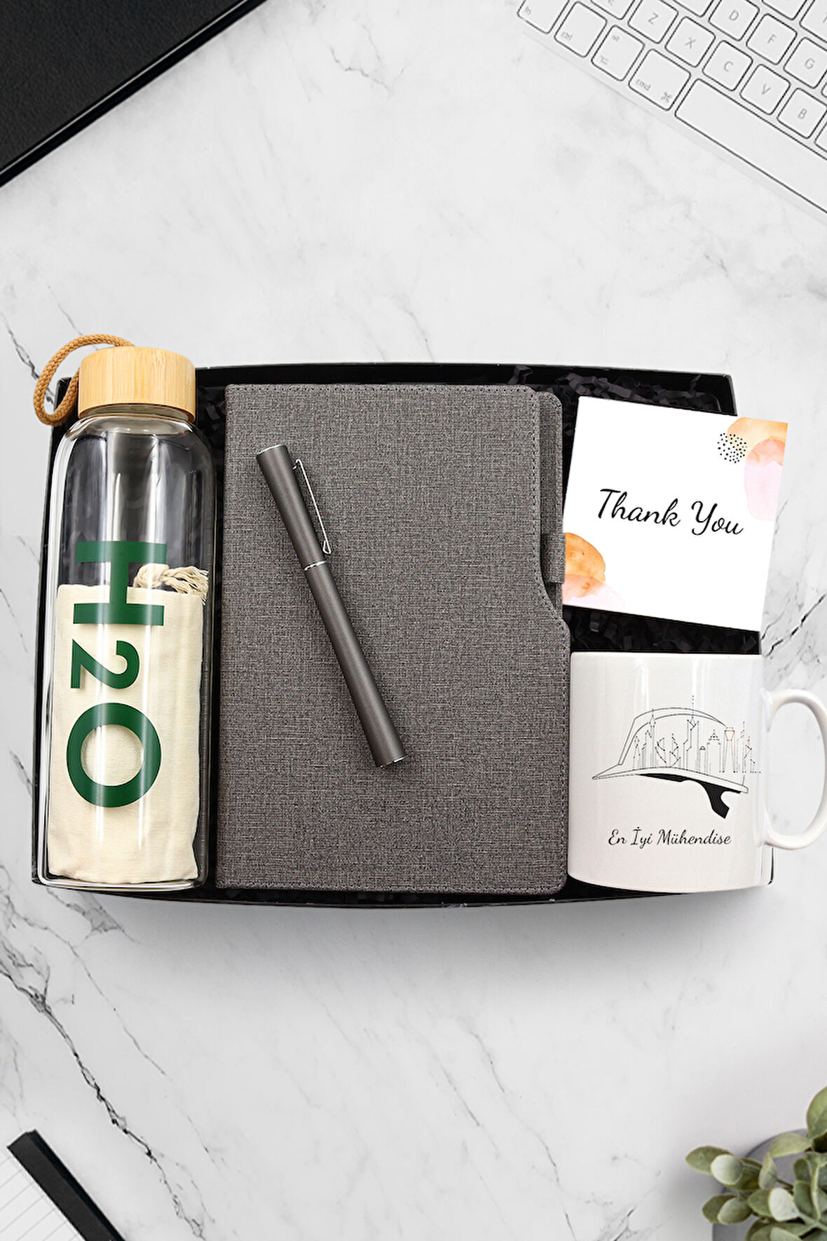 Gri Defter & Bambu Cam Matara & Gri Roller Kalem & Mühendislere Özel Baskılı Kupa Hediye Seti