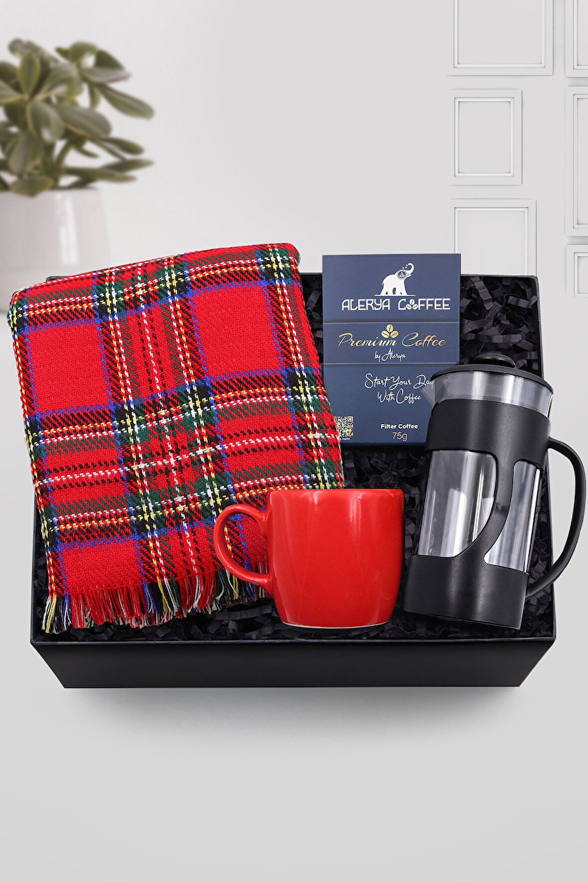 Kırmızı Kalın Şal & Kırmızı Kupa & Siyah French Press & Alerya Premium Filtre Kahve Hediye Seti