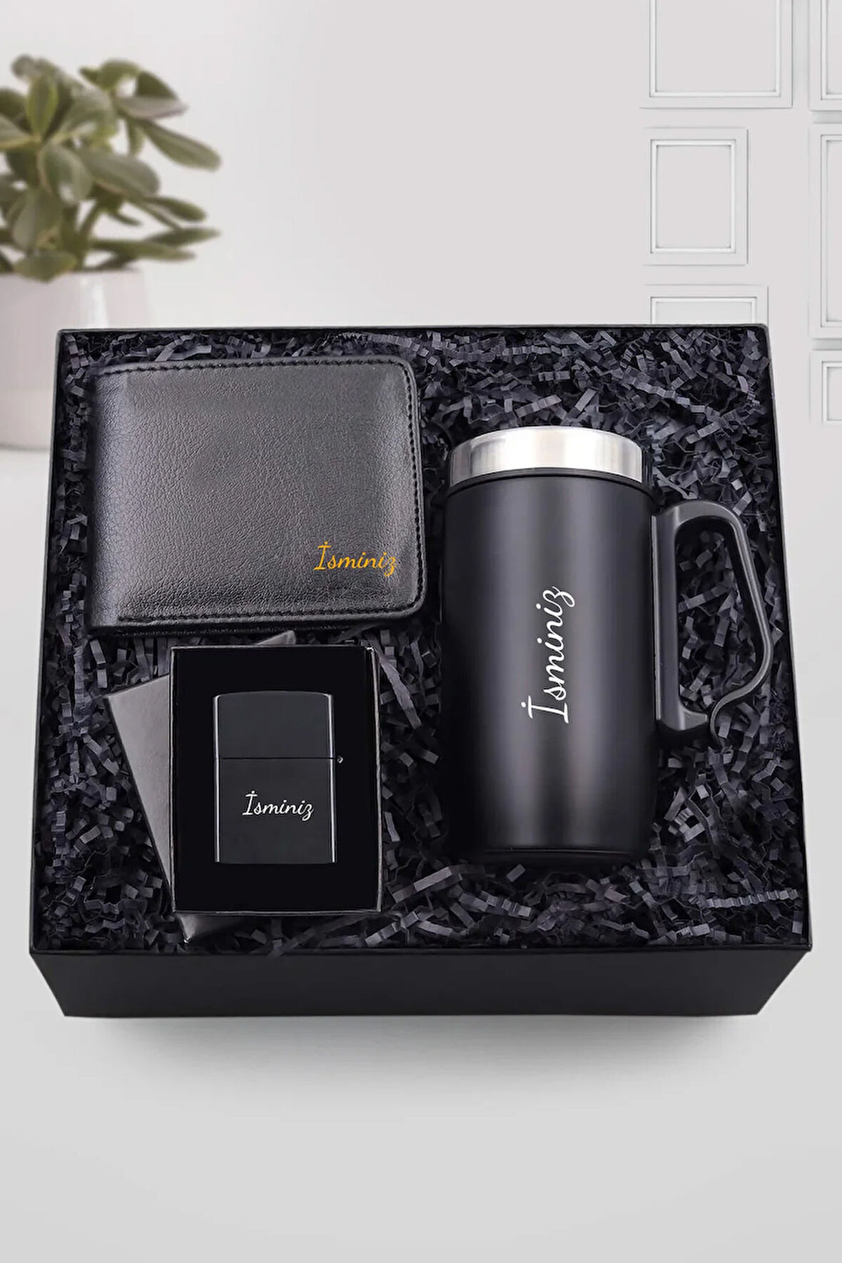 Kulplu 280ml Siyah Çelik Termos & Siyah Erkek Cüzdan & Siyah Zippo Tarzı Çakmak Hediye Seti