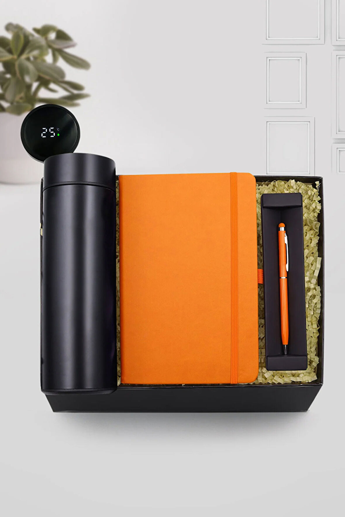 500 ML Siyah Renk Dereceli Termos & Turuncu Touch Pen & Turuncu Defter Hediye Seti