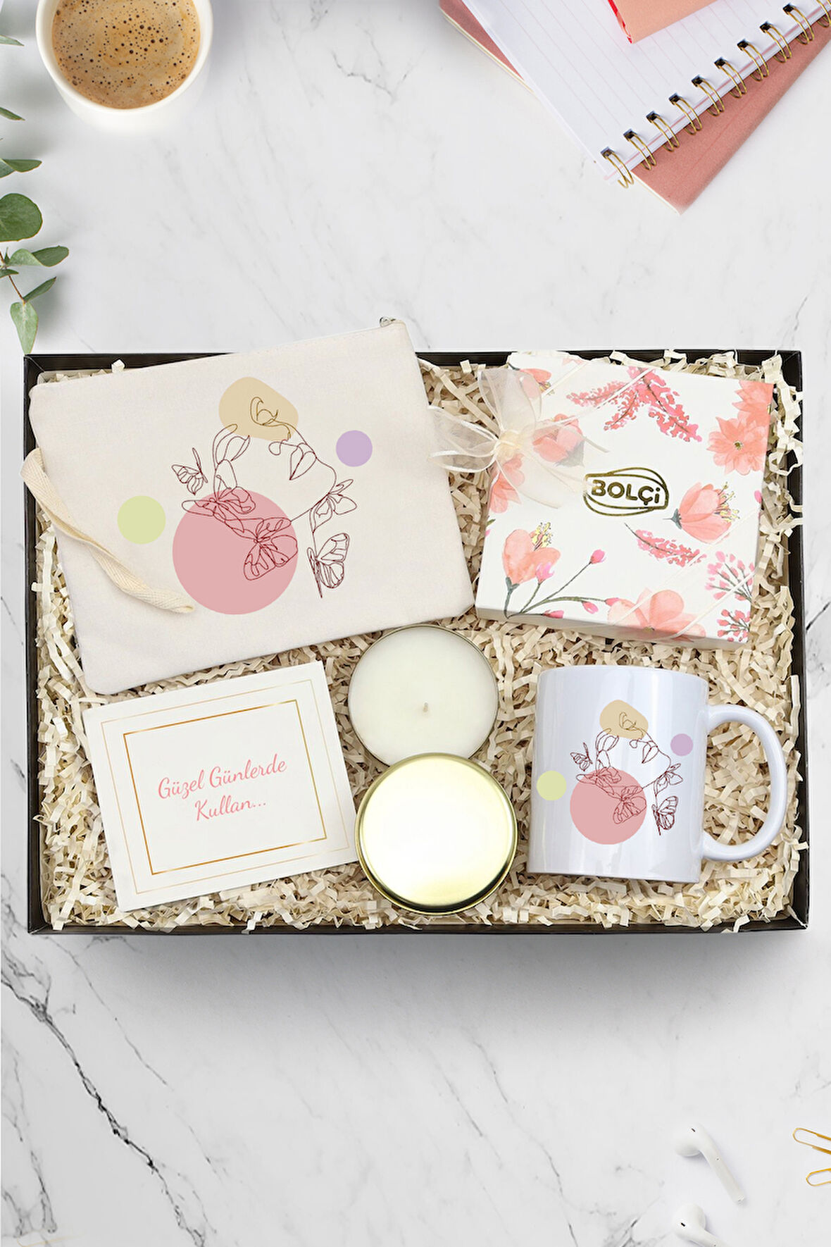 Baskılı Kupa & Gold Metal Kutulu Mum & Ham Bez El Çantası & 100gr Spesiyal Çikolata Hediye Seti